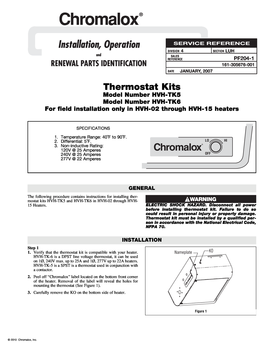 Chromalox HVH-TK5 specifications PF204-1, General, Step, Installation, Operation, ChromaloxR, Thermostat Kits 