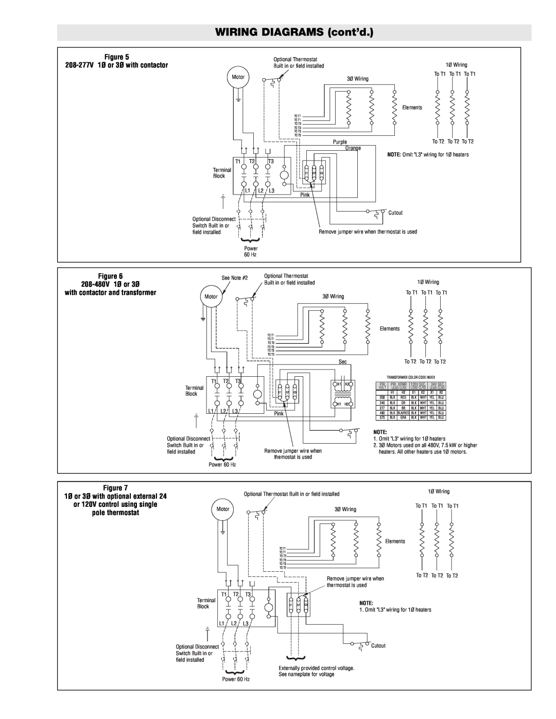 Chromalox HVH-TK5, HVH-TK6 WIRING DIAGRAMS cont’d, 208-277V 1Ø or 3Ø with contactor, 208-480V 1Ø or 3Ø, pole thermostat 