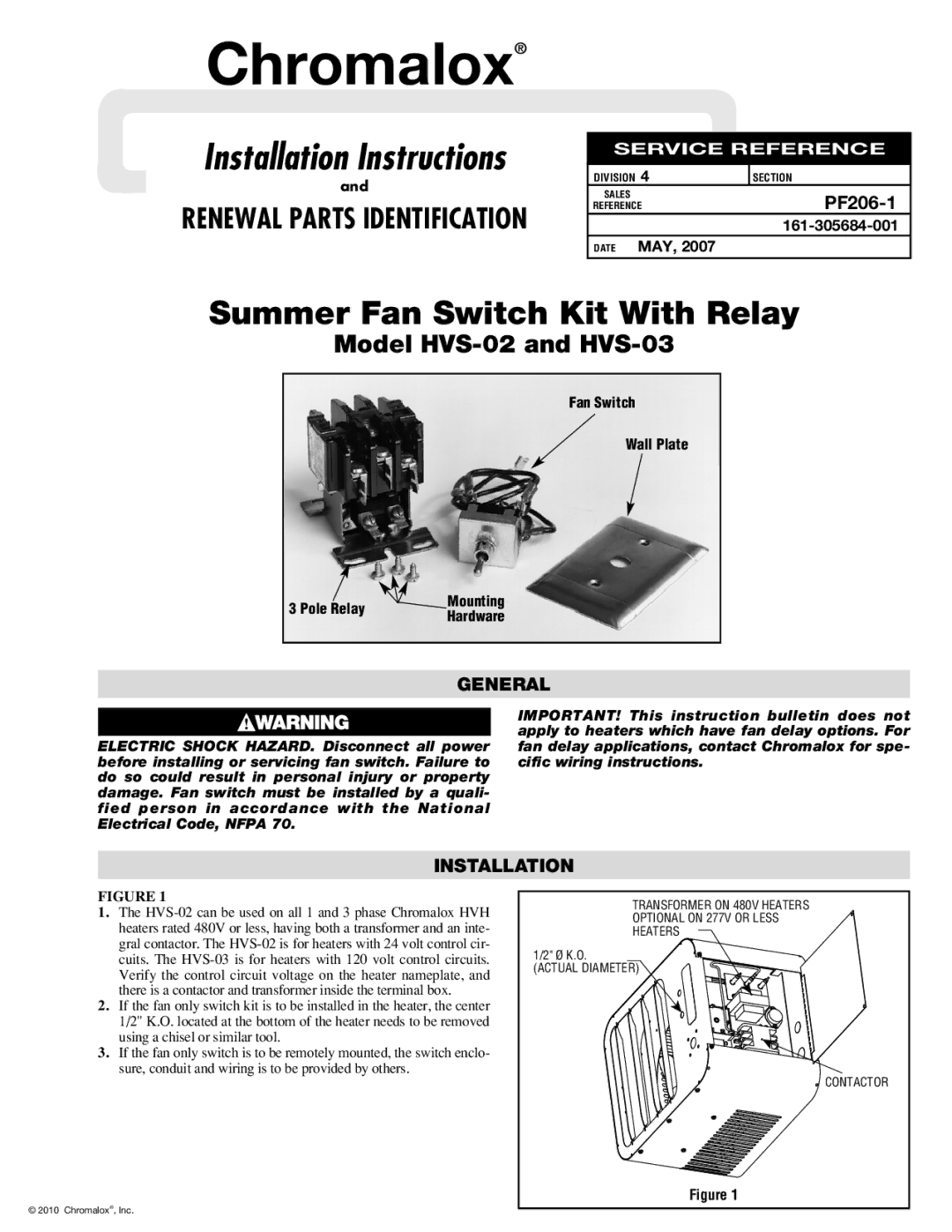 Chromalox HVS-02, HVS-03 installation instructions PF206-1, General, Installation 