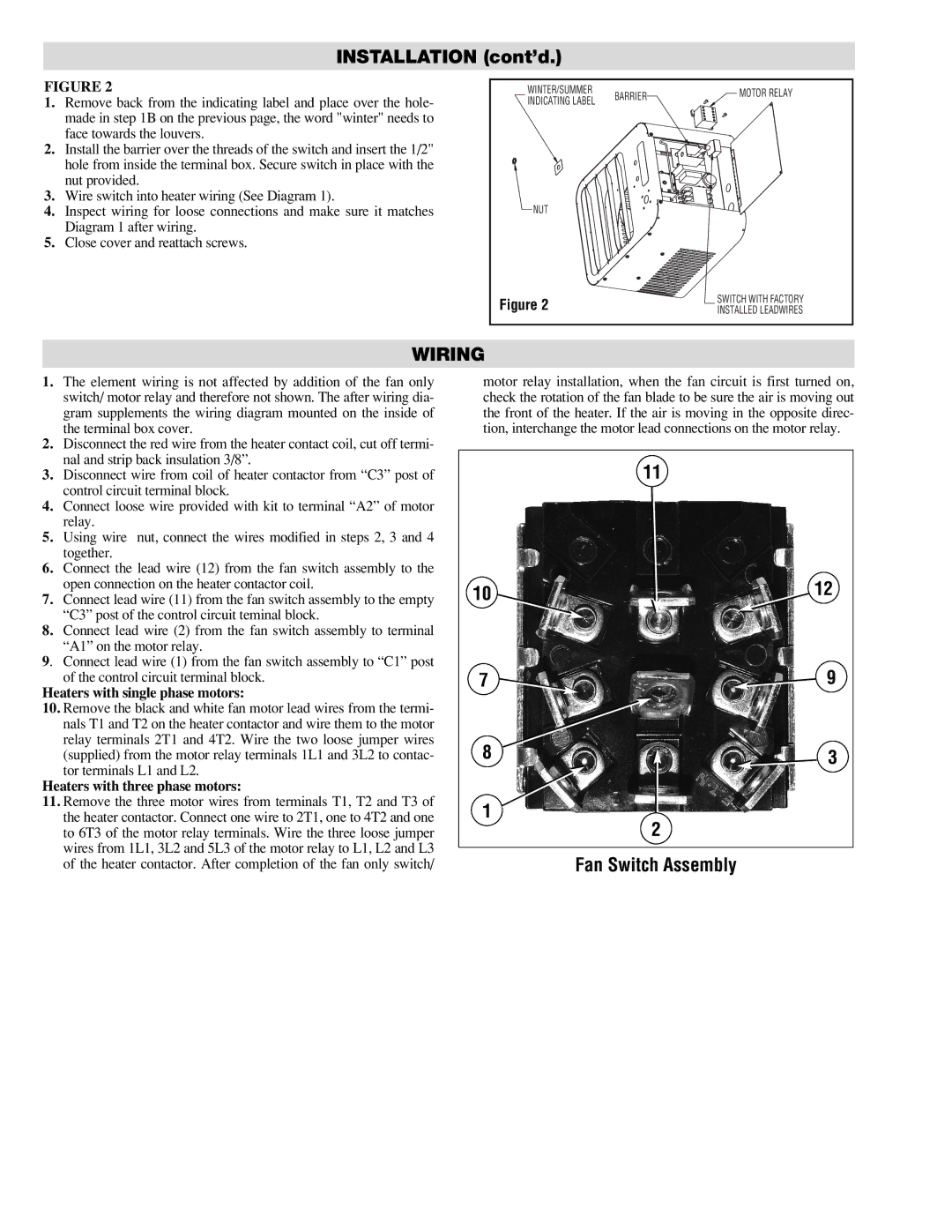 Chromalox HVS-03, HVS-02 installation instructions Installation cont’d, Wiring, Fan Switch Assembly 