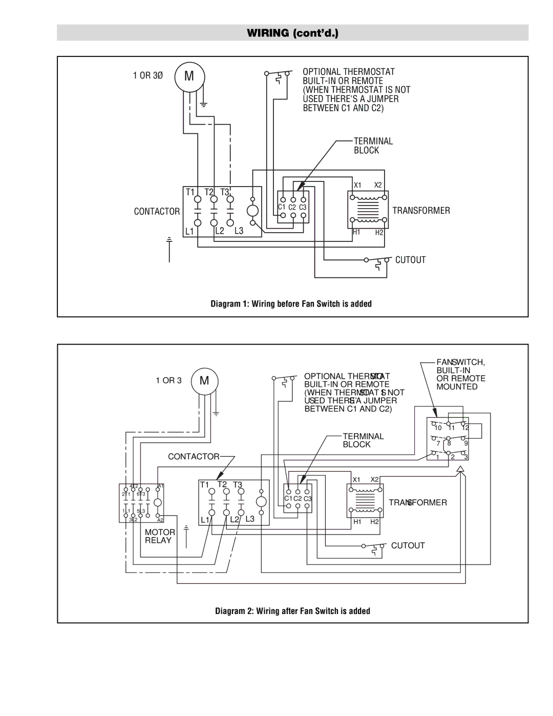 Chromalox HVS-02, HVS-03 installation instructions Wiring cont’d, Diagram 1 Wiring before Fan Switch is added 