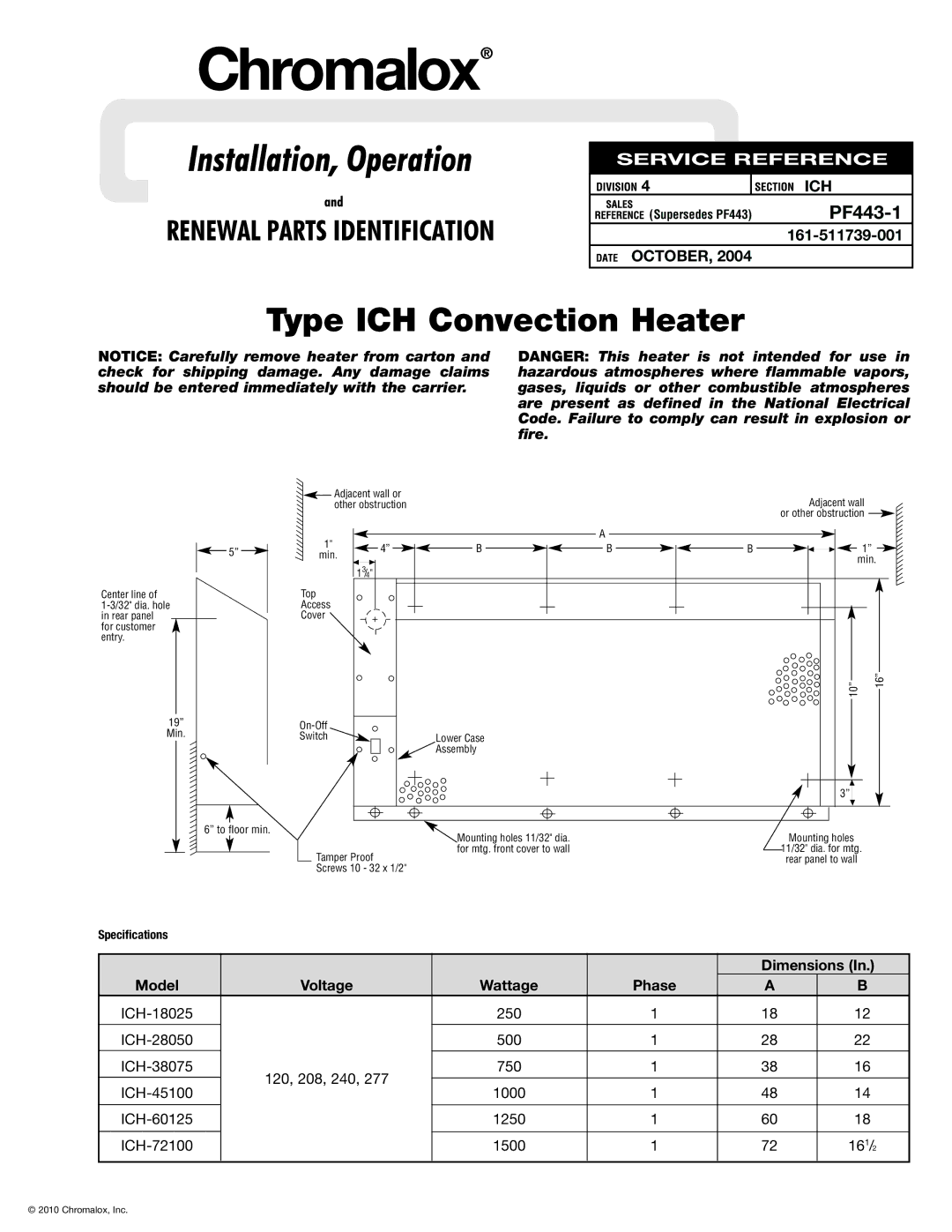 Chromalox ICH-72100, ICH-60125, ICH-38075, ICH-18025, ICH-28050, ICH-45100 specifications Type ICH Convection Heater 