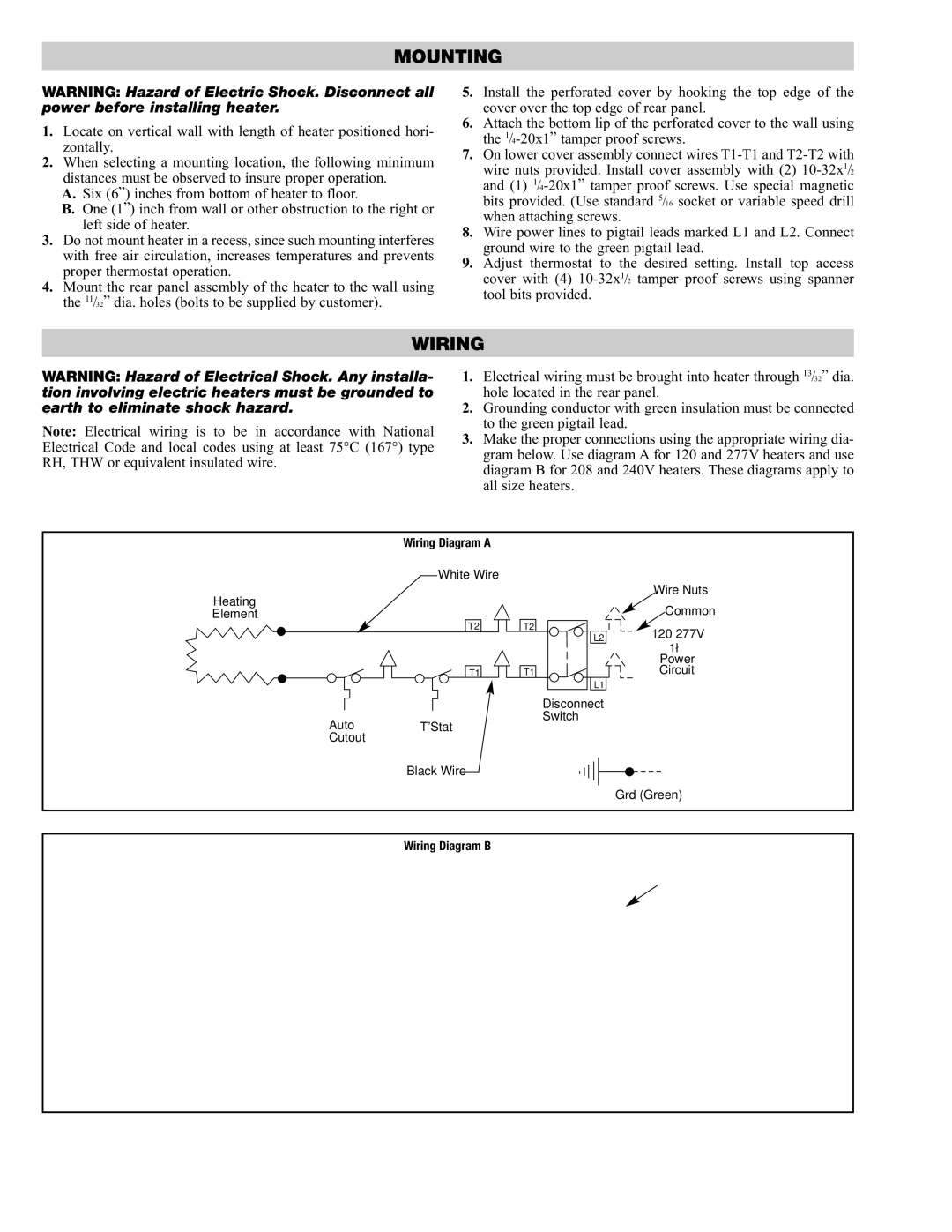 Chromalox ICH-38075, ICH-60125, ICH-72100, ICH-18025, ICH-28050, ICH-45100 specifications Mounting, Wiring 