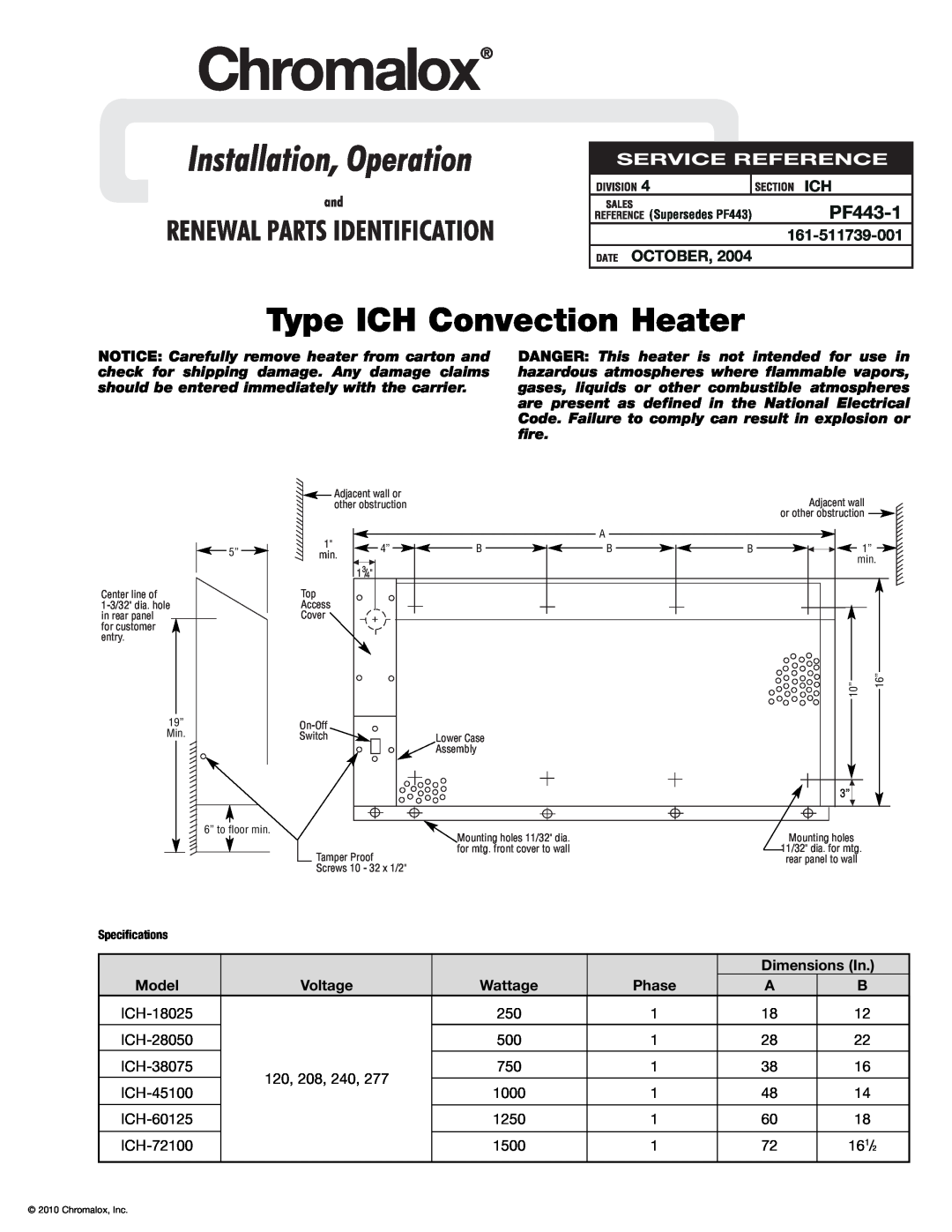 Chromalox ICH-72100, ICH-60125 specifications PF443-1, October, Dimensions In, Wattage, Type ICH Convection Heater 