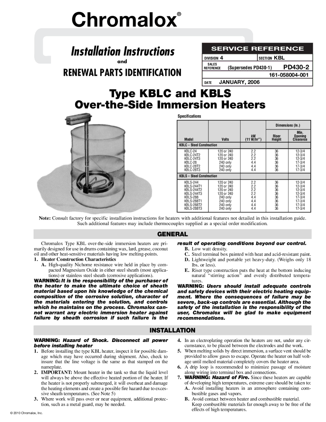 Chromalox KBLC installation instructions General, Installation 