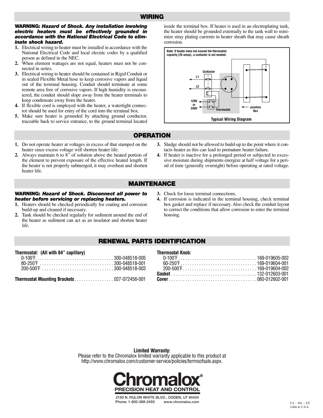 Chromalox KBLC installation instructions Wiring, Operation, Maintenance, Renewal Parts Identification 