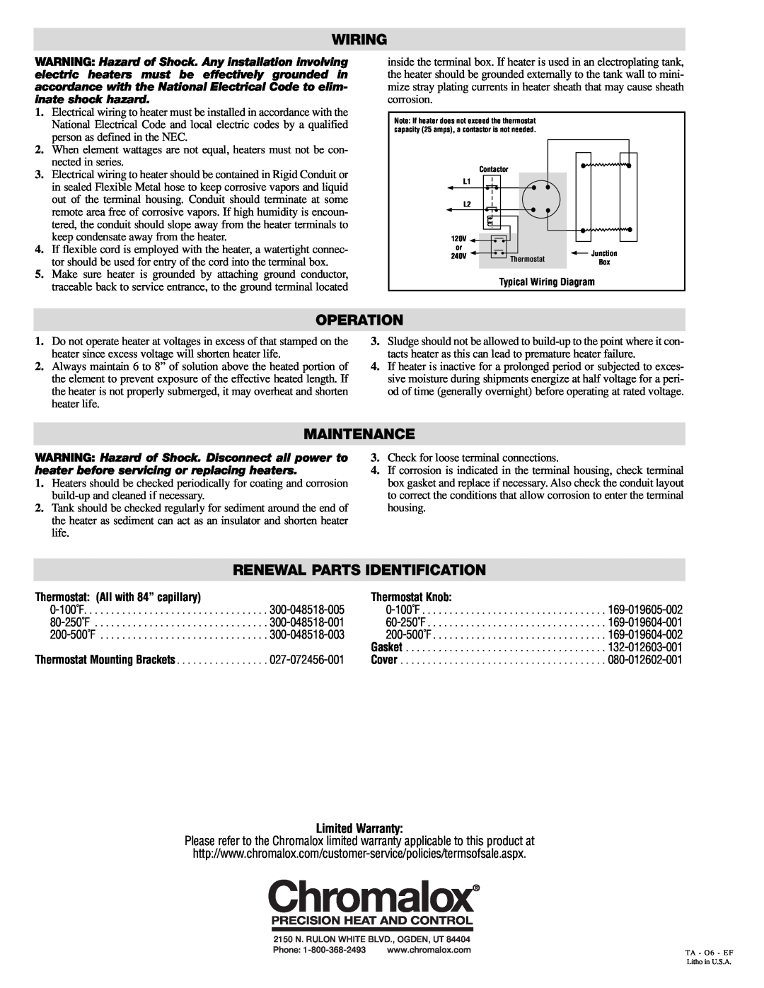 Chromalox KBLC installation instructions Wiring, Operation, Maintenance, Renewal Parts Identification, Limited Warranty 
