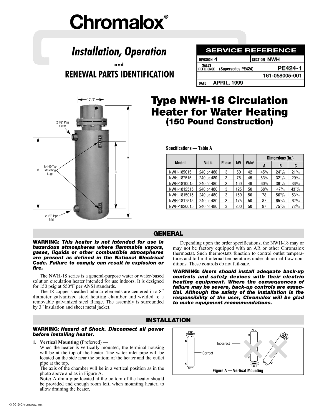 Chromalox NWH-185015 specifications General, Installation, Vertical Mounting Preferred 