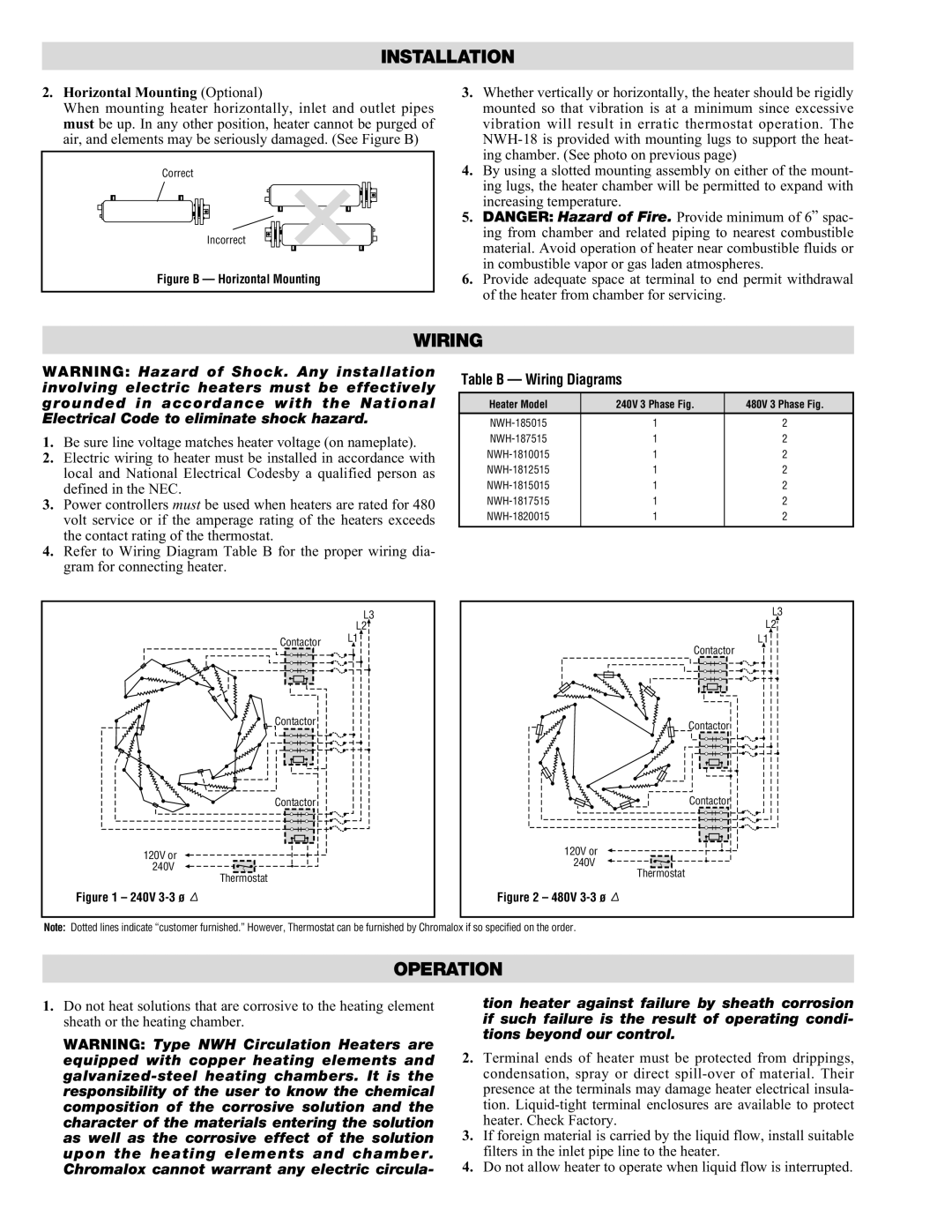 Chromalox NWH-185015 specifications Wiring, Operation, Horizontal Mounting Optional 