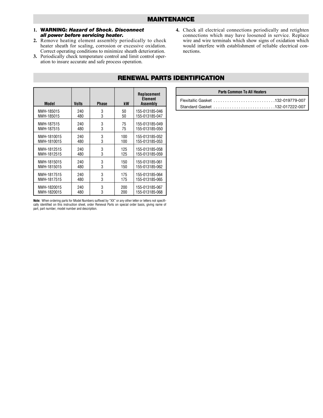 Chromalox NWH-185015 Maintenance, Renewal Parts Identification, Replacement, Model, Parts Common To All Heaters 