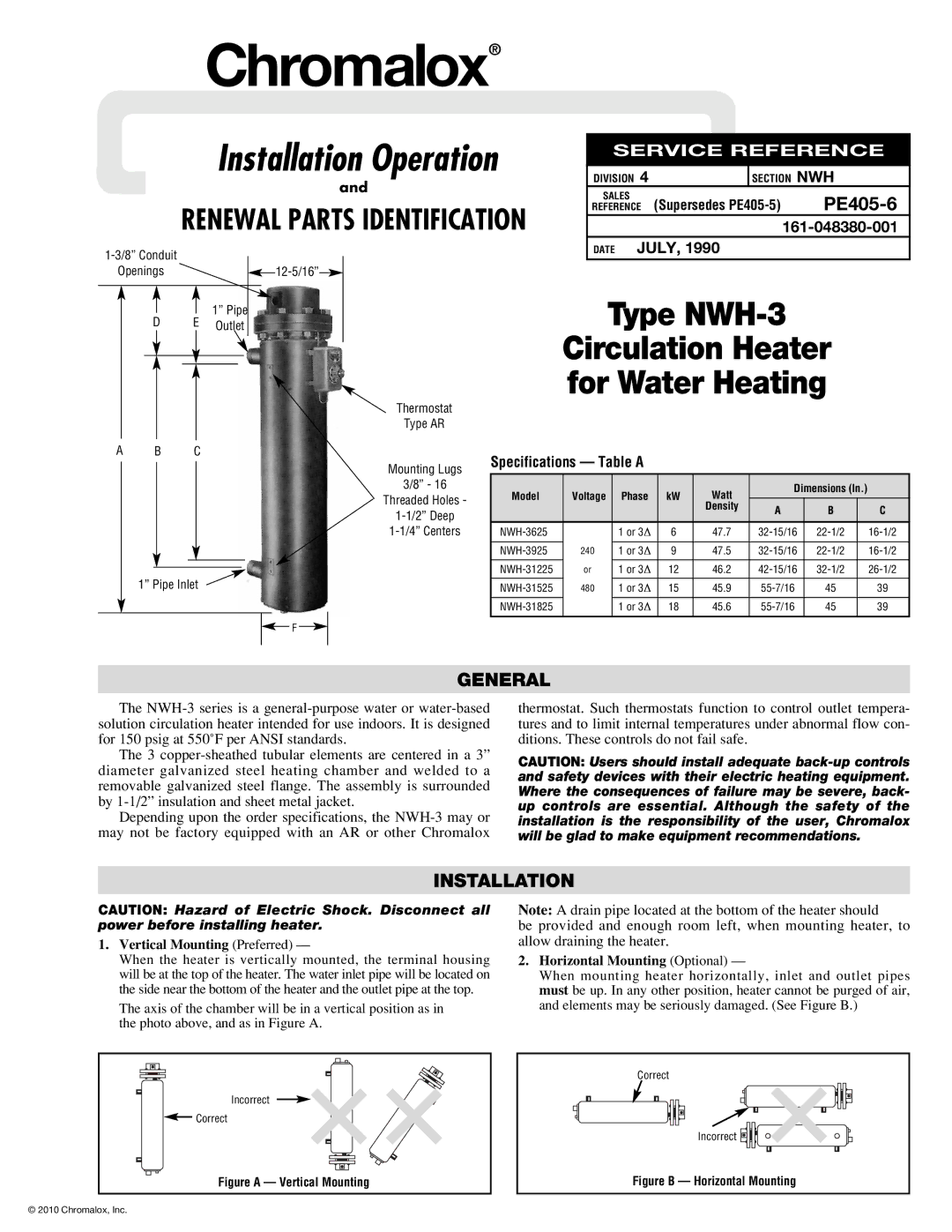 Chromalox NWH-3925, NWH-31825, NWH-31525, NWH-31225, NWH-3625 specifications General, Installation 