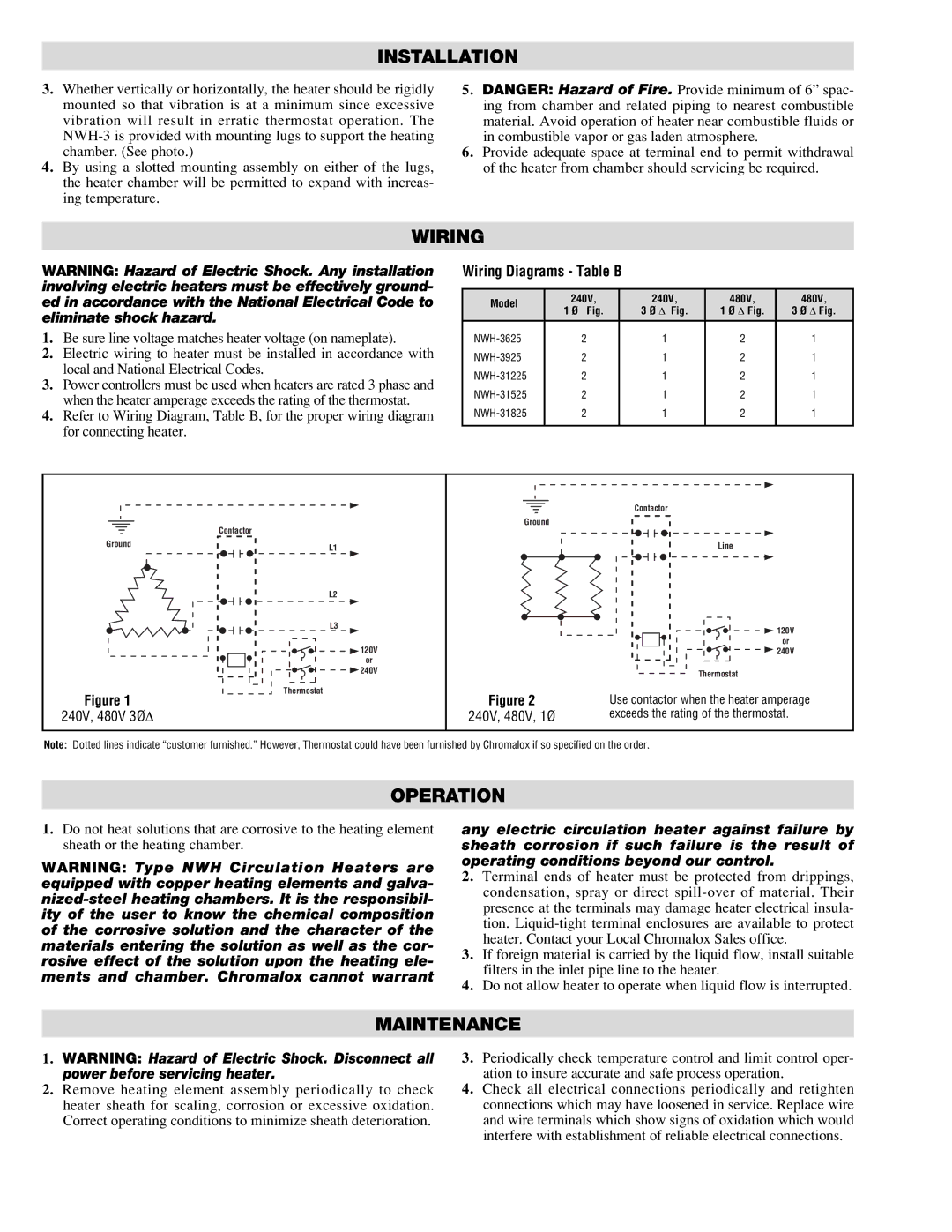Chromalox NWH-31525, NWH-31825, NWH-3925, NWH-31225, NWH-3625 specifications Wiring, Operation, Maintenance 