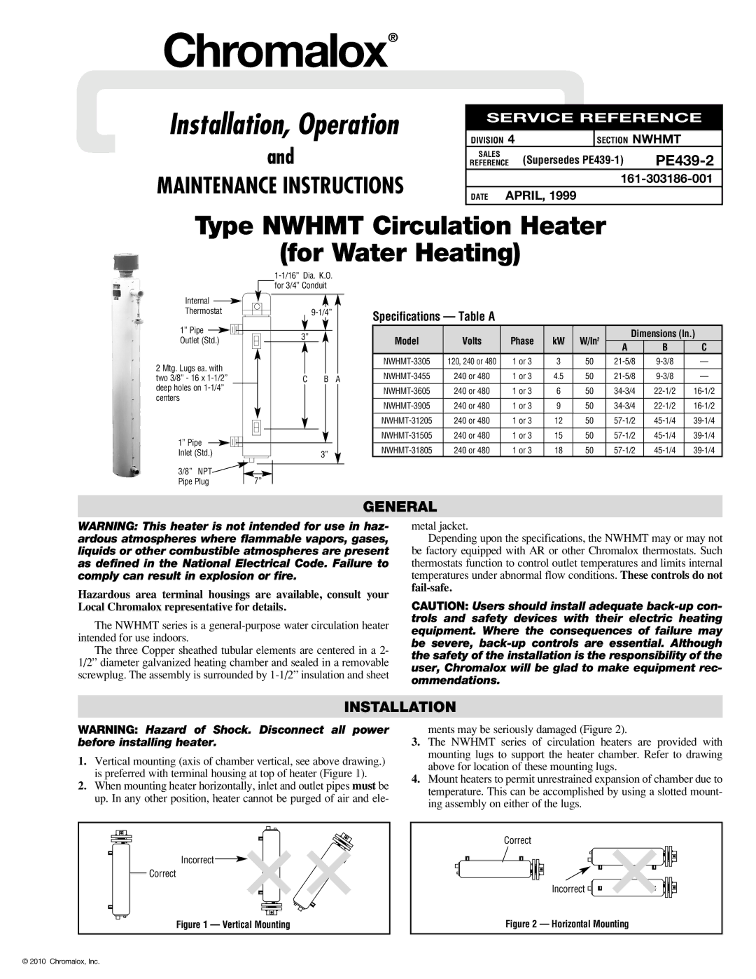 Chromalox NWHMT specifications General, Installation, Specifications Table a 