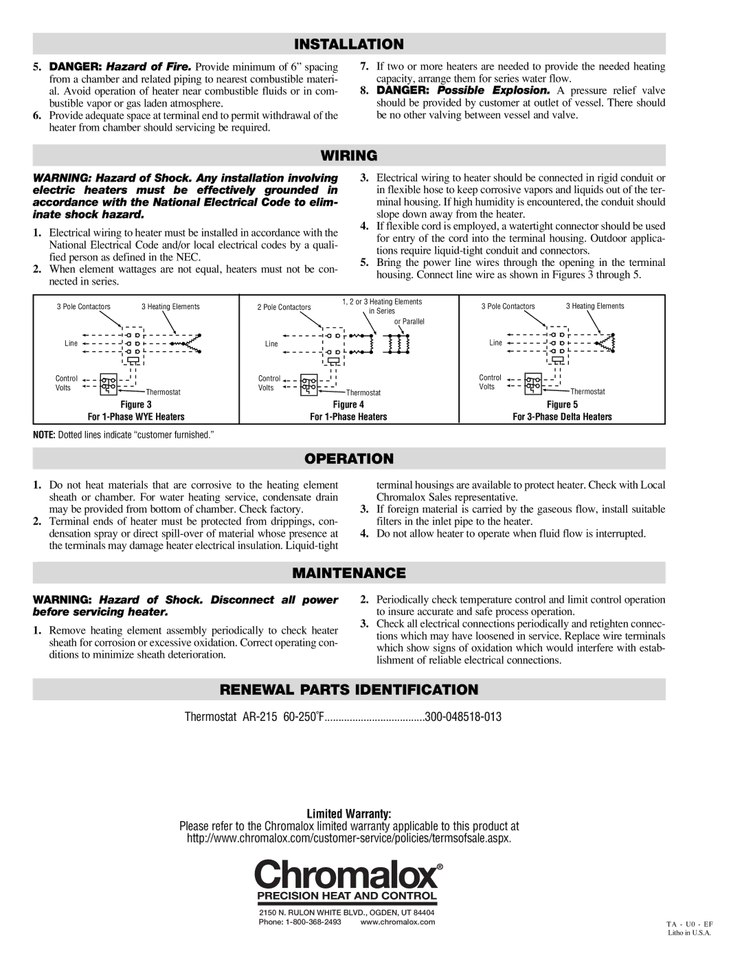 Chromalox NWHMT specifications Wiring, Operation, Maintenance, Renewal Parts Identification, Limited Warranty 