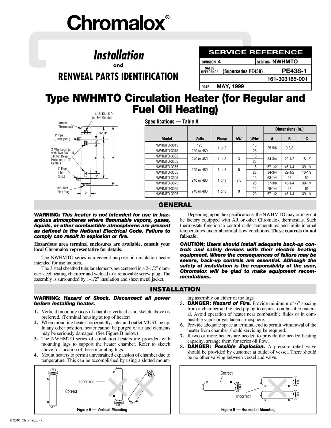 Chromalox specifications General, Installation, Specifications Table a, NWHMTO-3305, NWHMTO-3505 240 or 68-1/4 