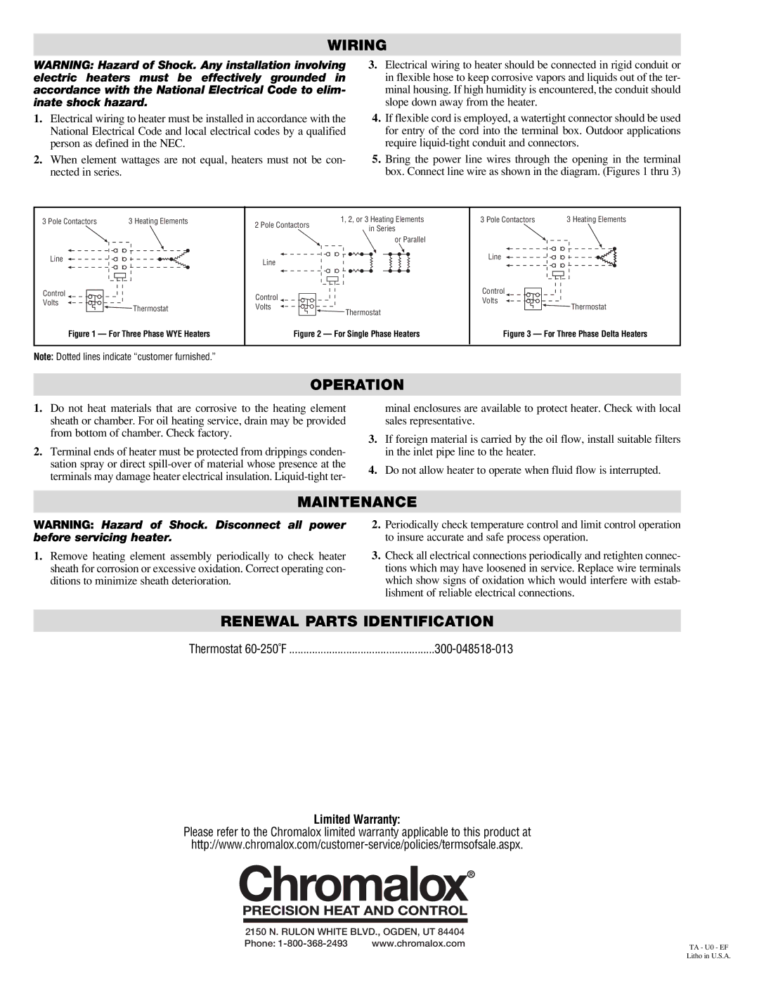 Chromalox NWHMTO specifications Wiring, Operation, Maintenance, Renewal Parts Identification, Limited Warranty 