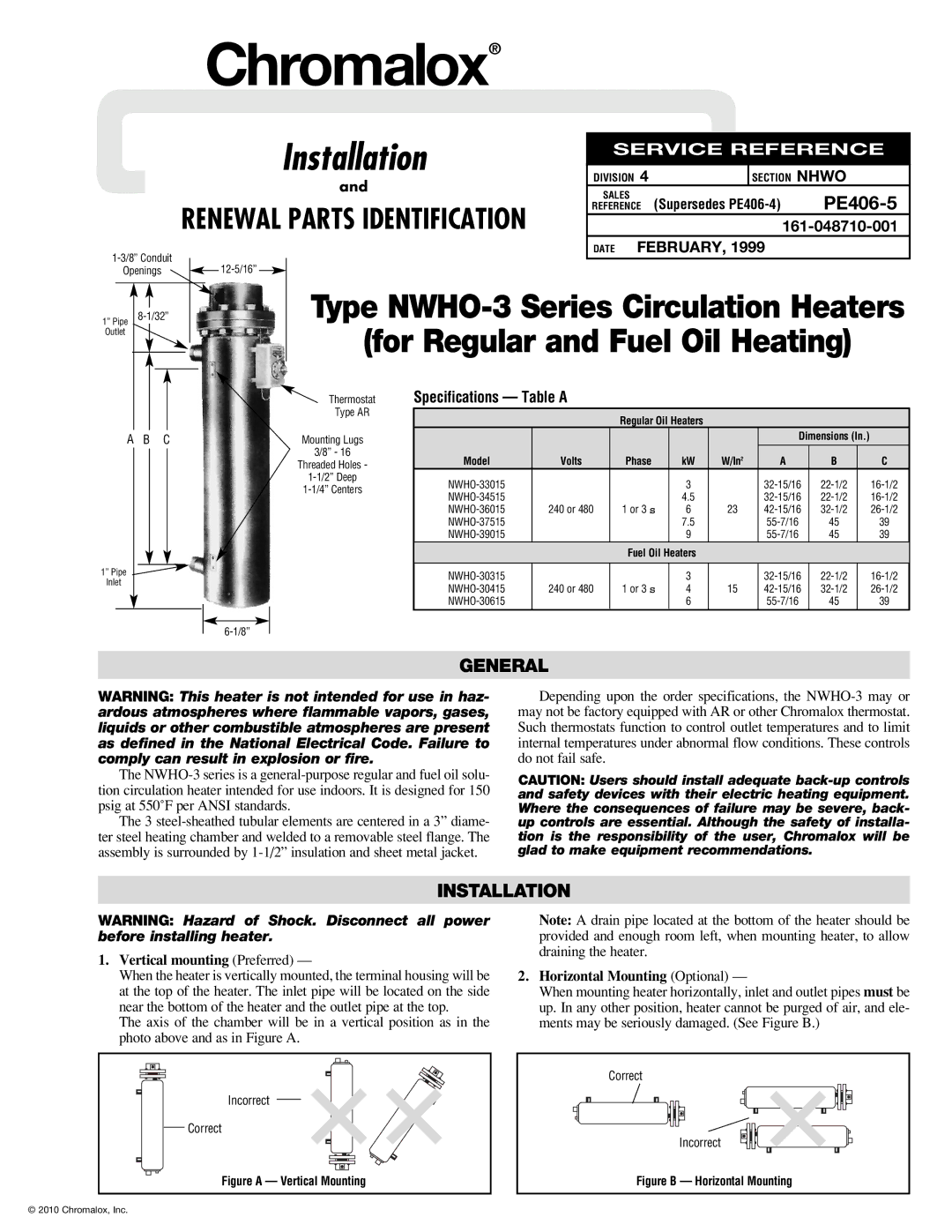 Chromalox NWHO-33015 specifications General, Installation, Thermostat Specifications Table a, Phase, Fuel Oil Heaters 