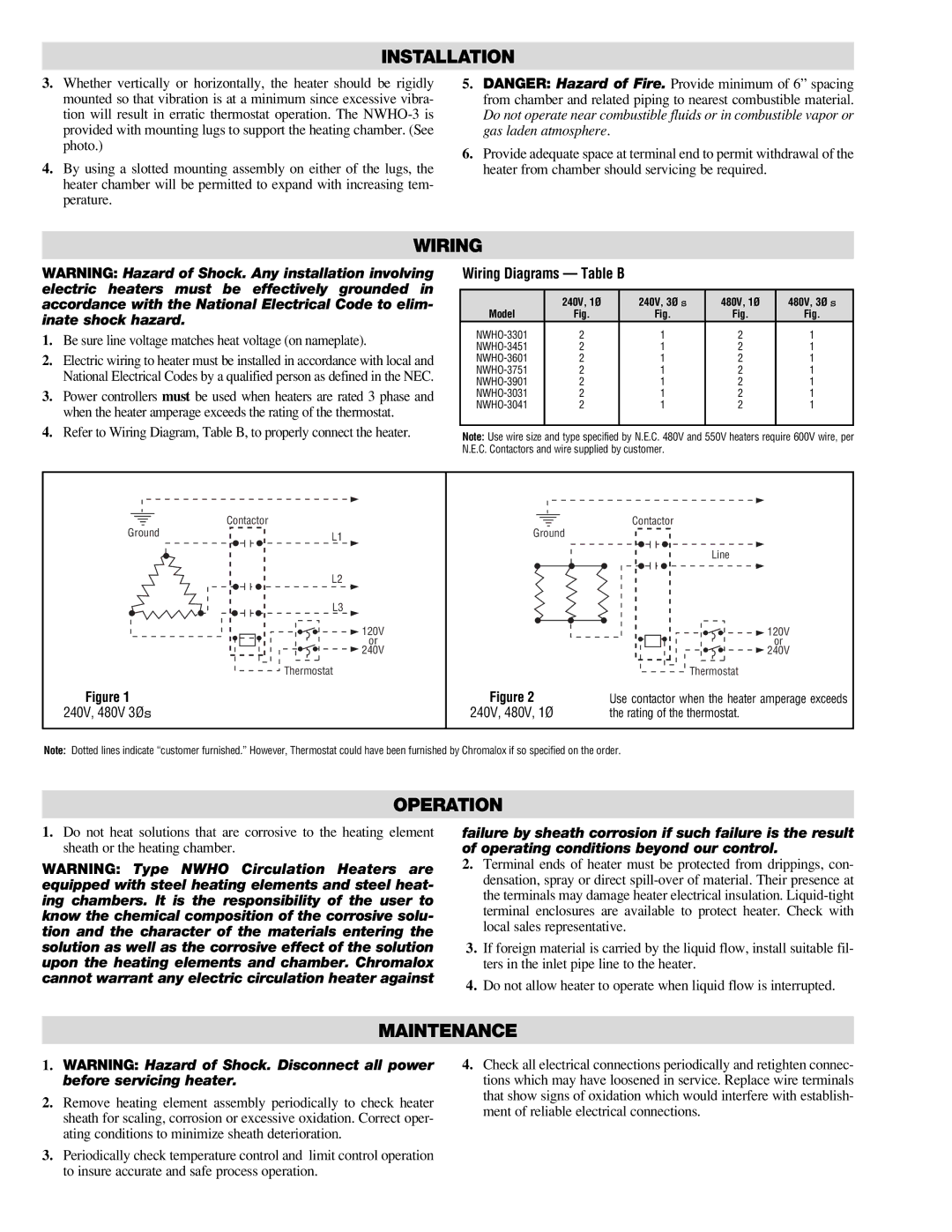 Chromalox NWHO-33015 Operation, Maintenance, Wiring Diagrams Table B, 240V, 1Ø 240V, 3Ø s 480V, 1Ø 480V, 3Ø s 