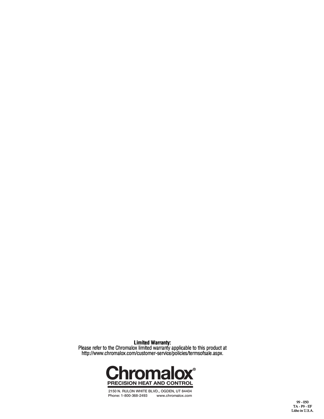 Chromalox NWHO-33015 specifications Limited Warranty, 2150 N. RULON WHITE BLVD., OGDEN, UT, Phone 
