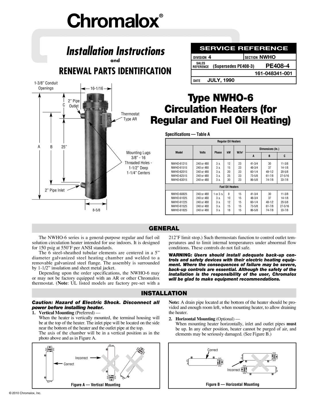 Chromalox NWHO-6 installation instructions General, Installation 