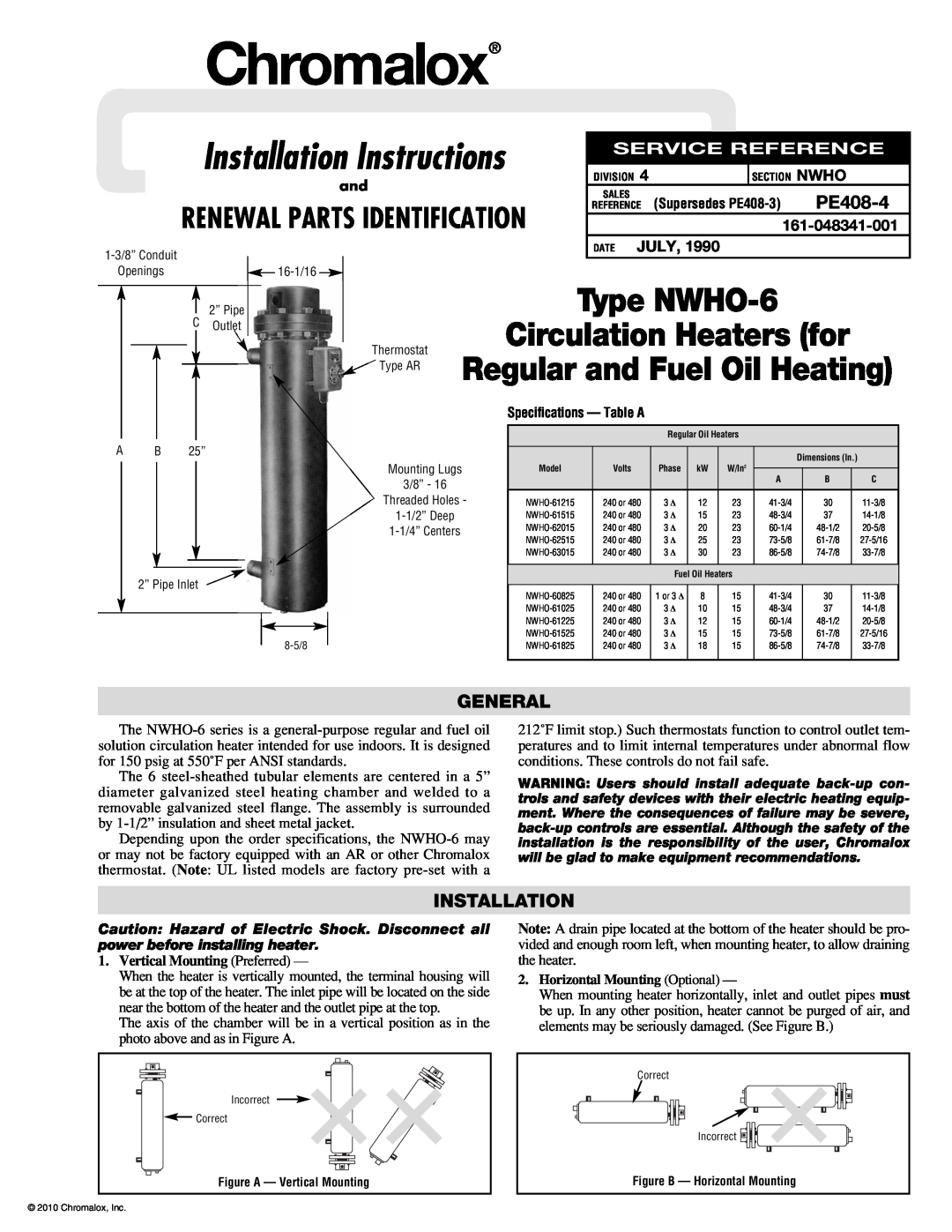 Chromalox installation instructions General, Installation, Chromalox, Circulation Heaters for, Type NWHO-6, Date July 