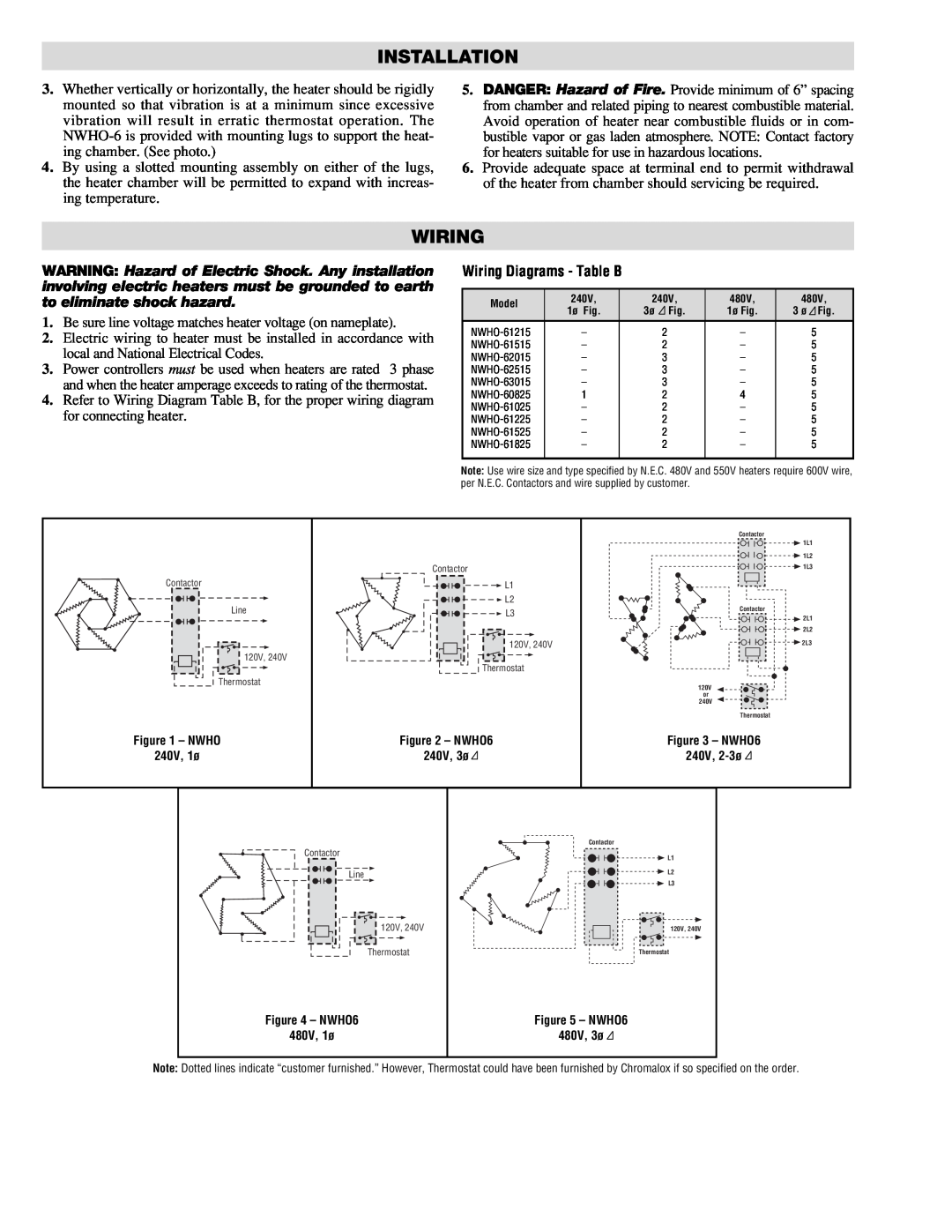 Chromalox NWHO-6 installation instructions Wiring Diagrams - Table B, Installation 