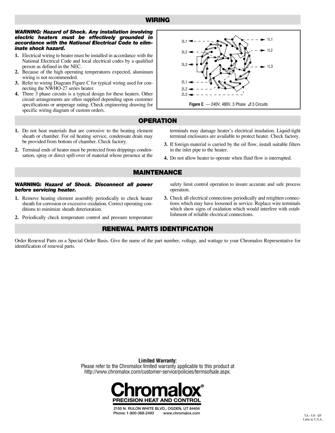 Chromalox NWHO(F)-27 specifications Wiring, Operation, Maintenance, Renewal Parts Identification, Limited Warranty 