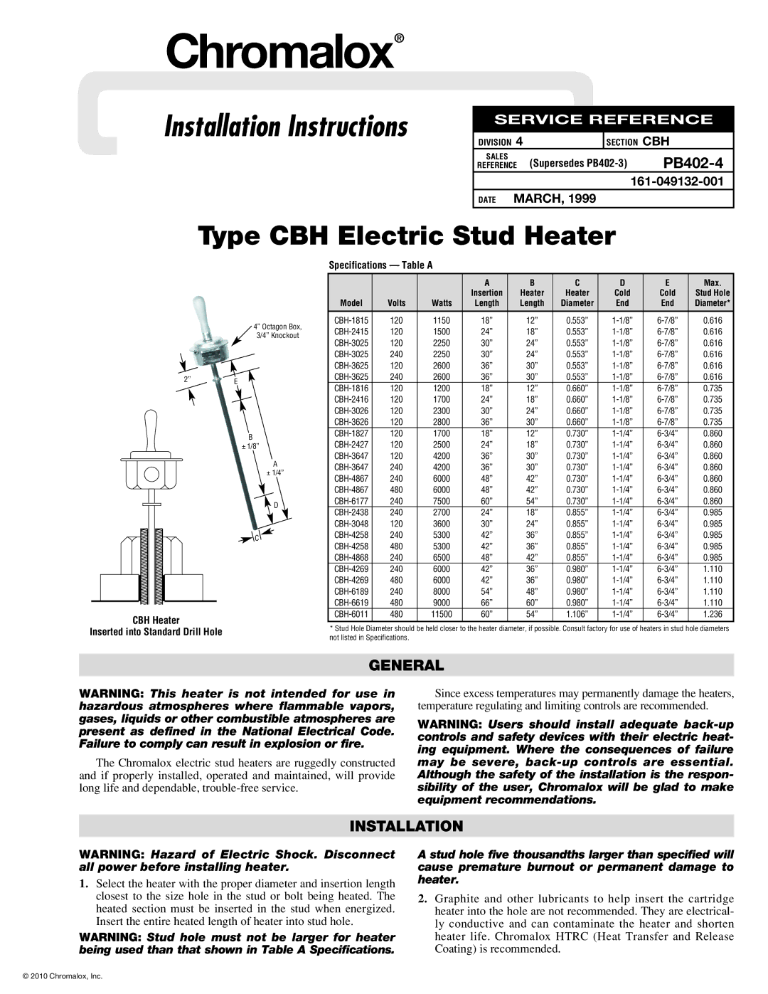 Chromalox PB402-4 installation instructions Chromalox, Installation Instructions, Type CBH Electric Stud Heater, General 