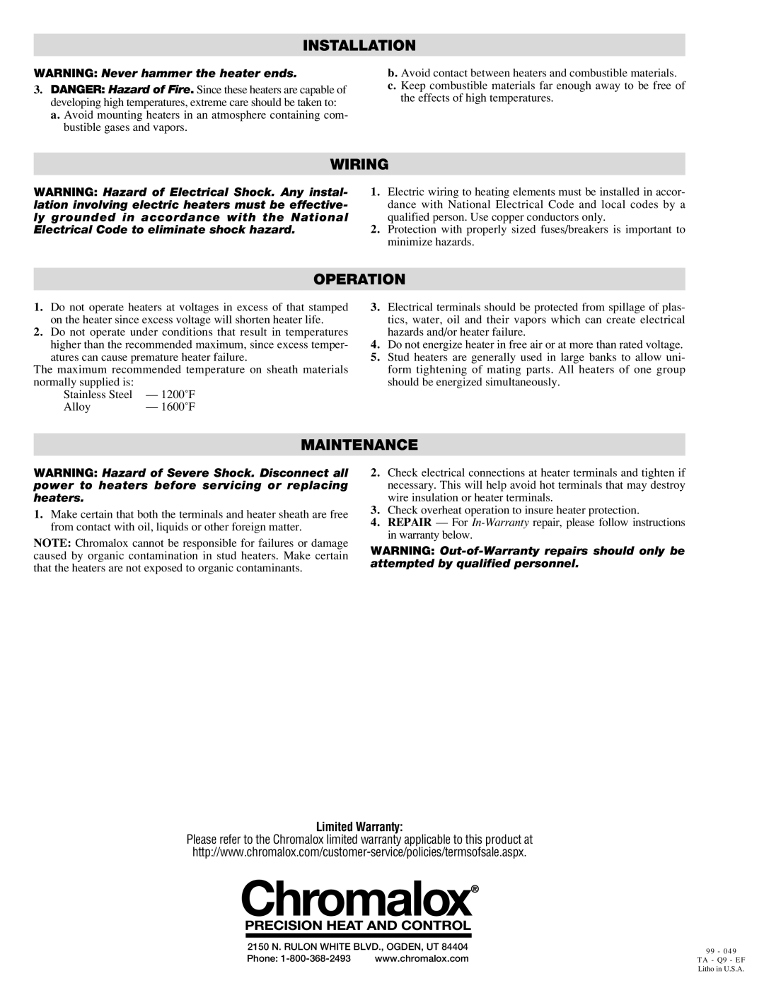 Chromalox PB402-4 installation instructions Wiring, Operation, Maintenance 