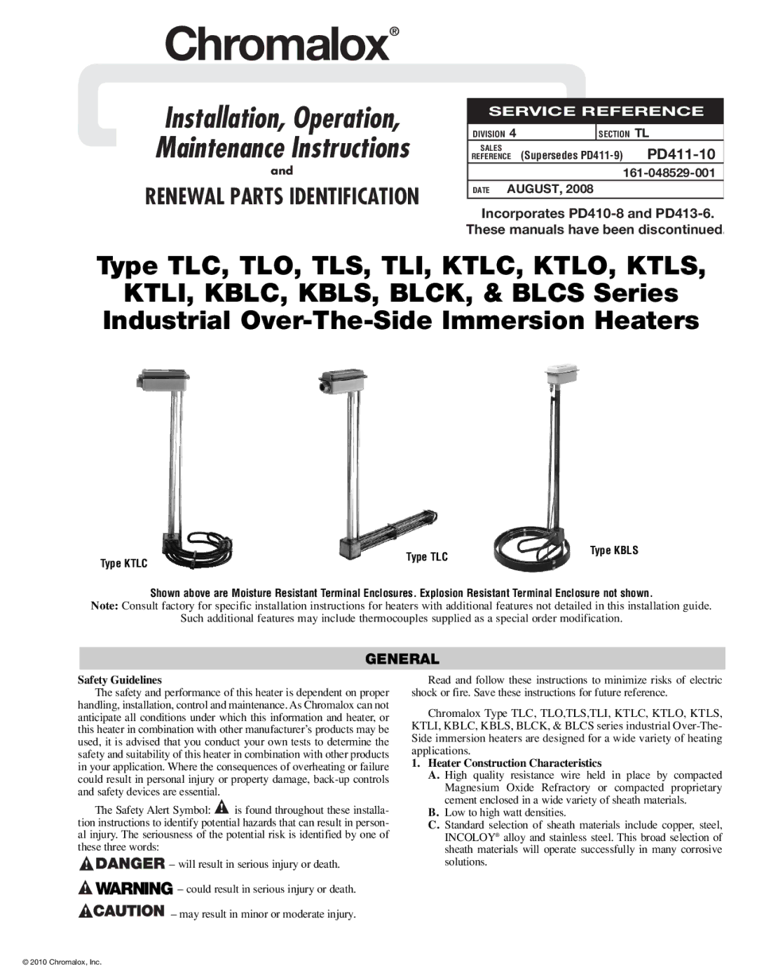 Chromalox PD411-10 installation instructions General, Division Section TL Sales 