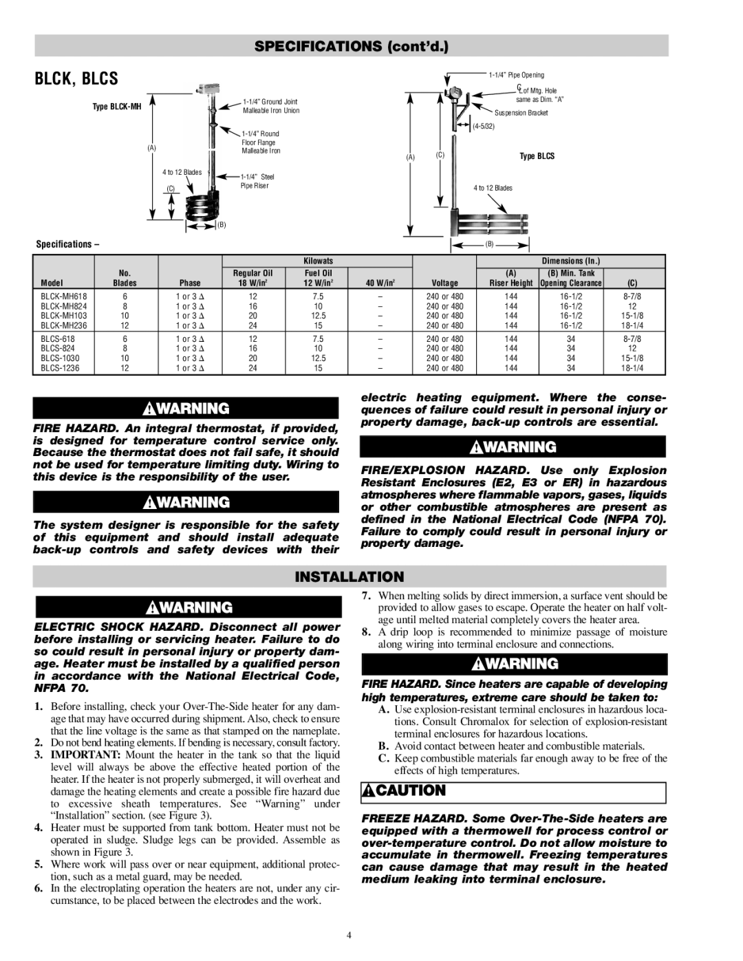 Chromalox PD411-10 installation instructions BLCK, Blcs, Installation, Type Blcs, Kilowats, Regular Oil Fuel Oil 