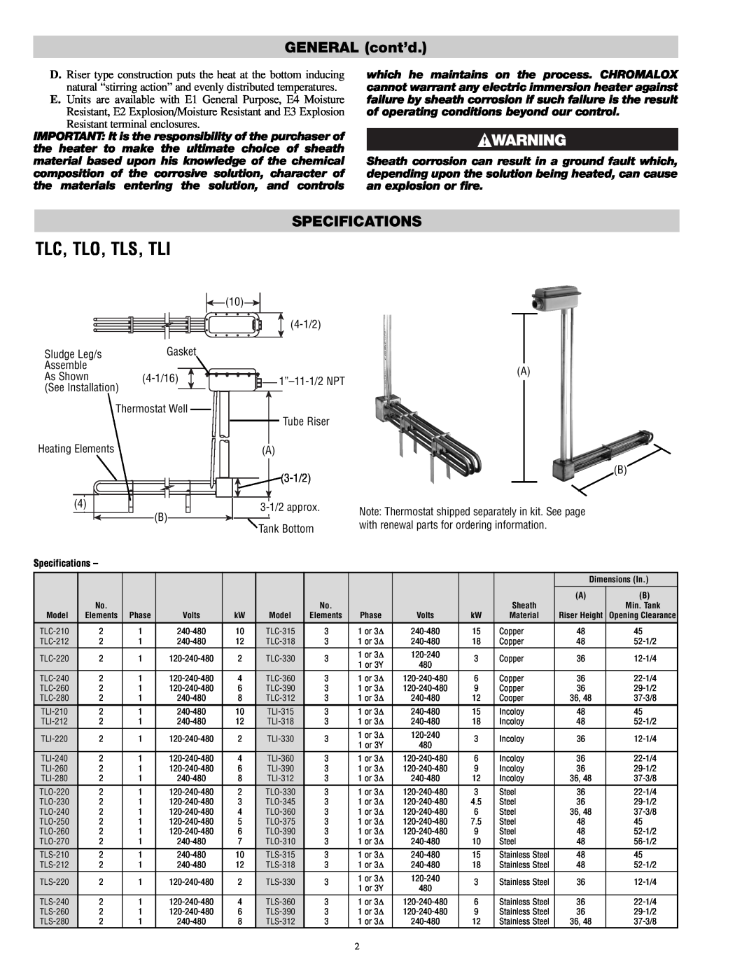 Chromalox PD411-10 installation instructions Tlc, Tlo, Tls, Tli, GENERAL cont’d, Specifications 