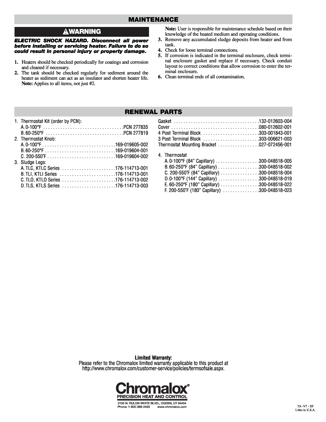 Chromalox PD411-10 installation instructions Maintenance, Renewal Parts, Limited Warranty 