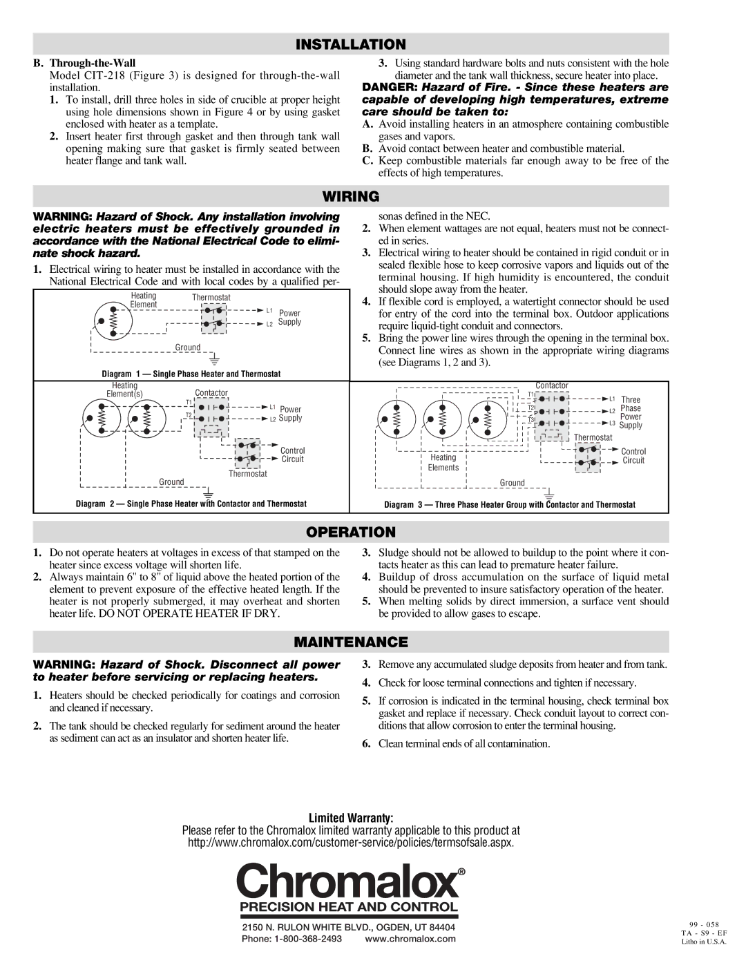 Chromalox PD412-5 operating instructions Wiring, Operation, Maintenance 