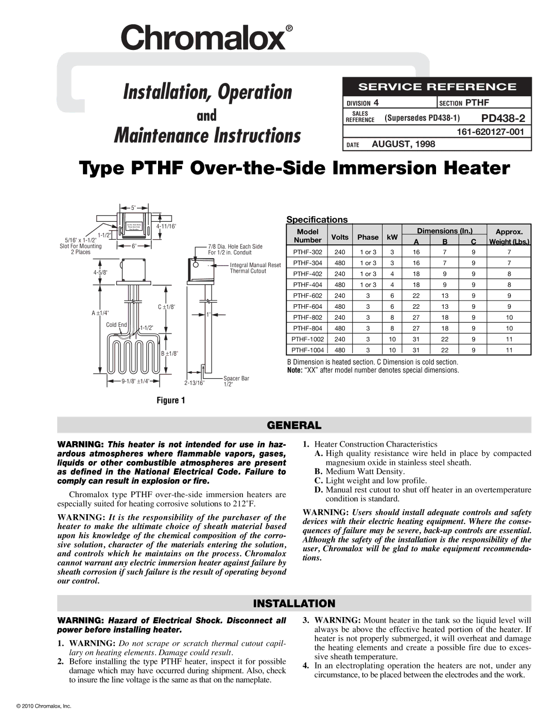 Chromalox PD438-2 specifications General, Installation, Heater Construction Characteristics 