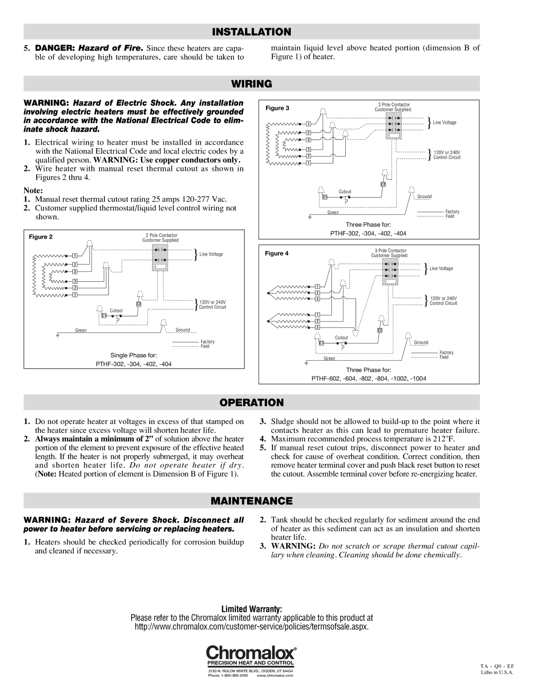 Chromalox PD438-2 specifications Wiring, Operation, Maintenance 