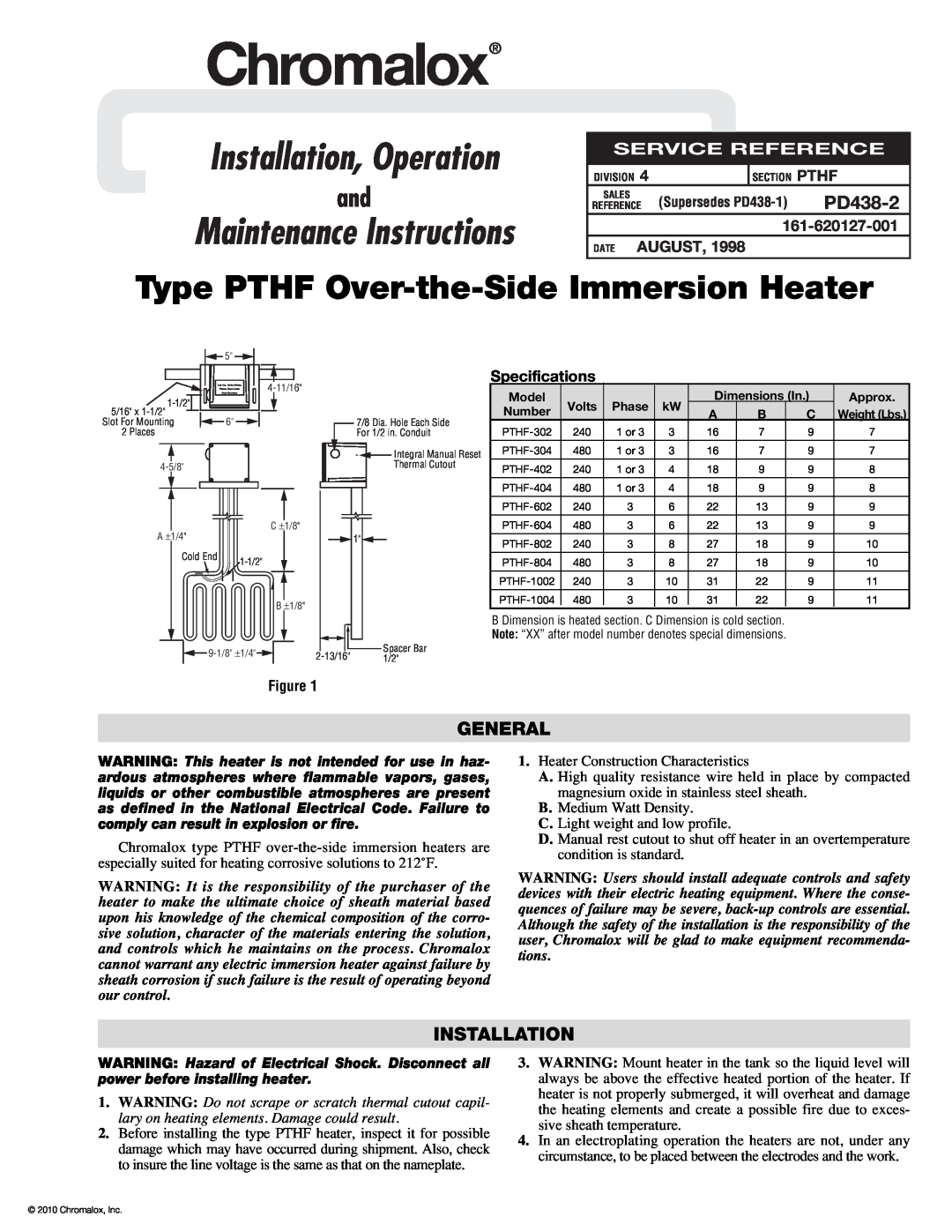 Chromalox PD438-2 specifications General, Chromalox, Installation, Operation, Type PTHF Over-the-SideImmersion Heater 