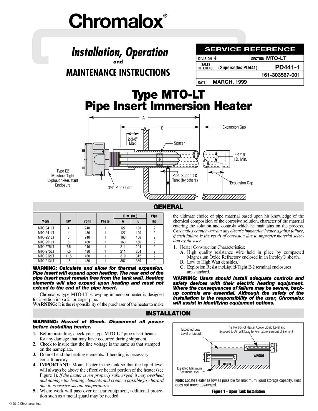 Chromalox PD441-1 manual General, Installation 