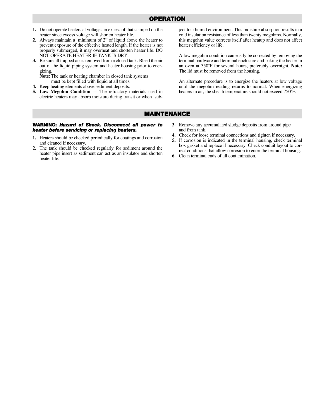 Chromalox PD441-1 manual Operation, Maintenance, Clean terminal ends of all contamination 