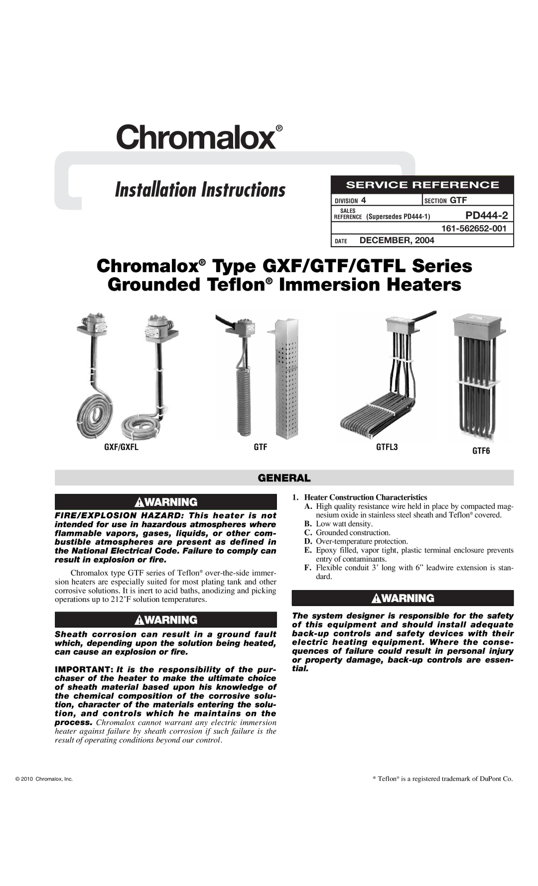 Chromalox PD444-2 installation instructions General, Heater Construction Characteristics 