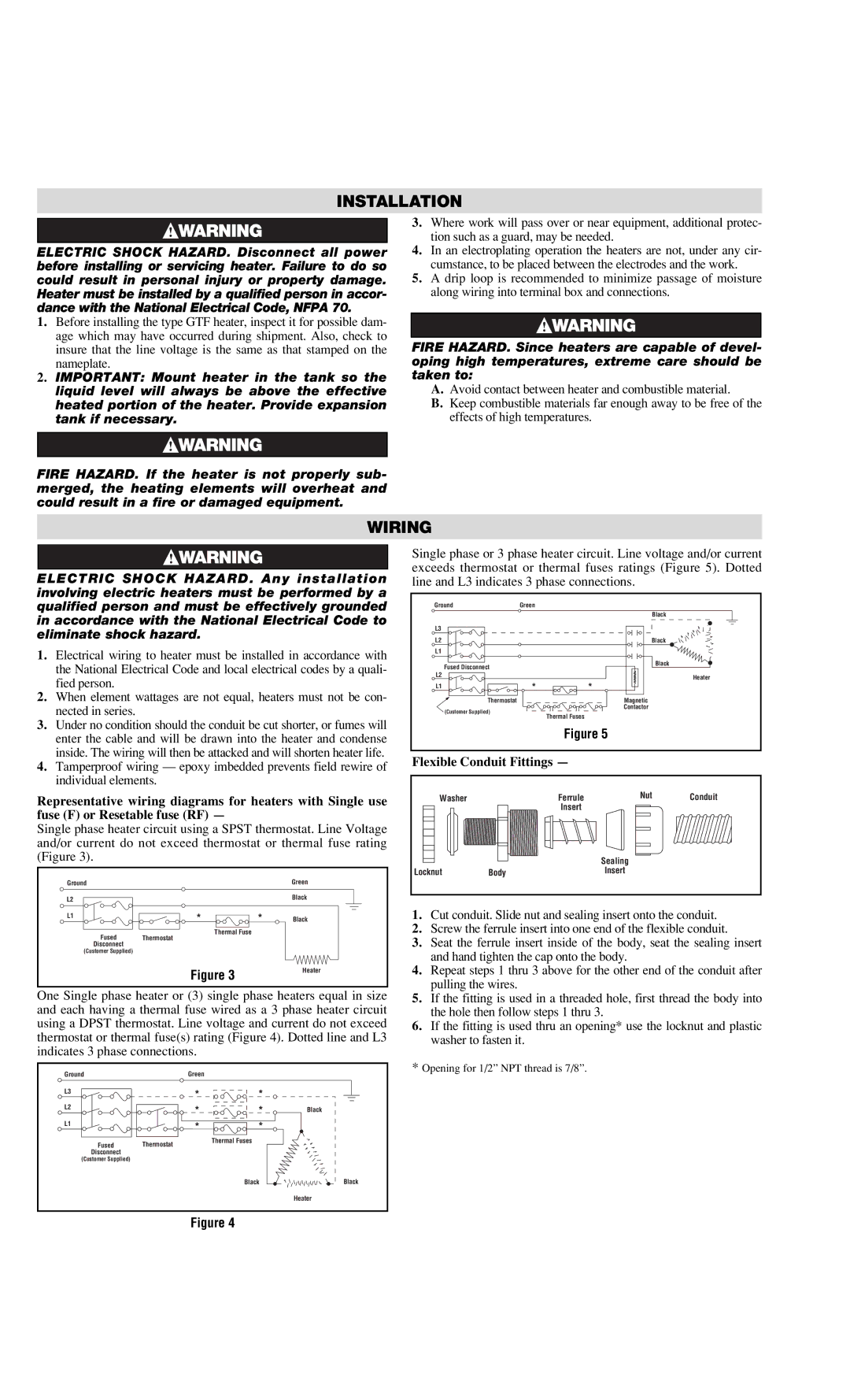 Chromalox PD444-2 installation instructions Installation, Wiring, Flexible Conduit Fittings 