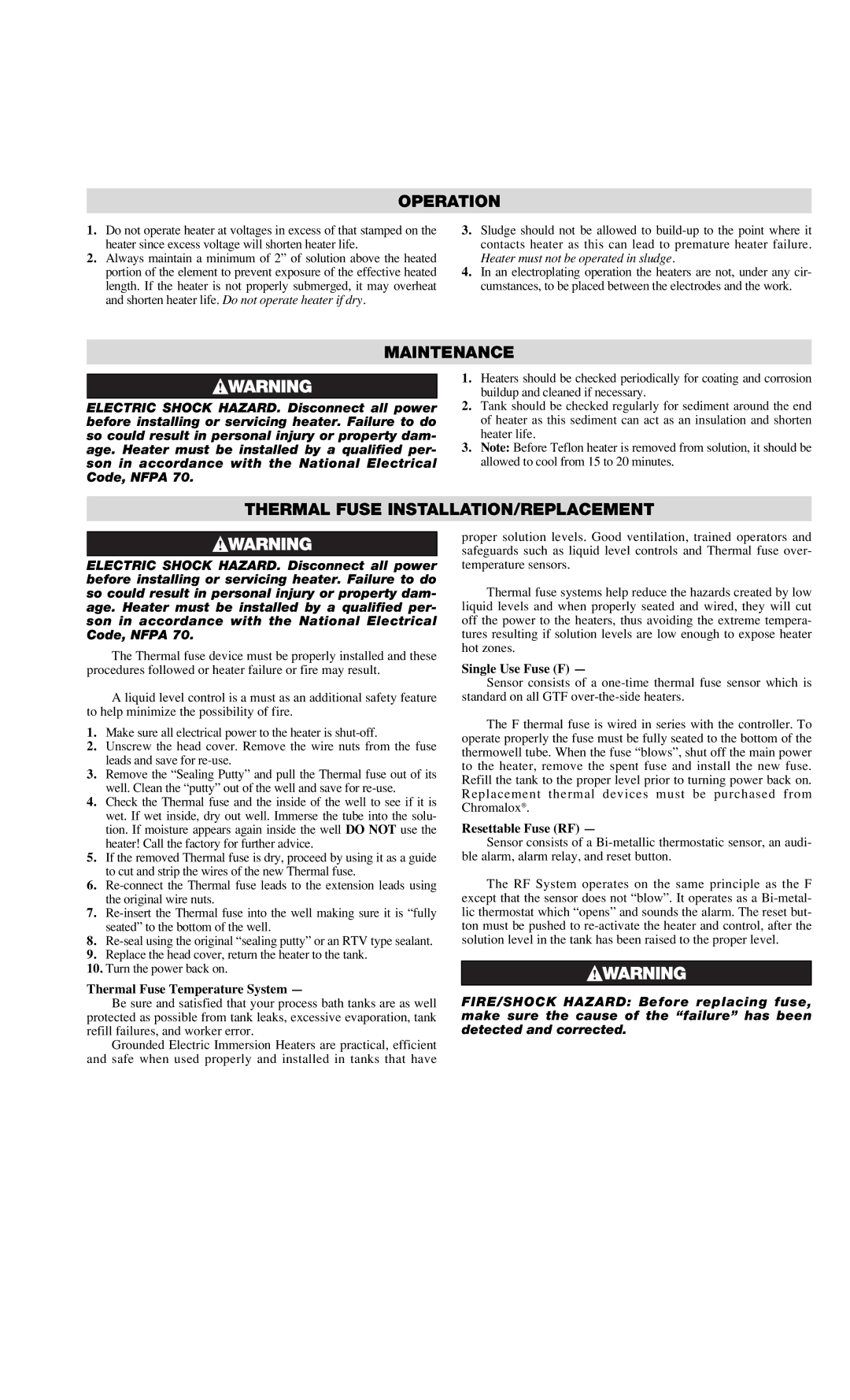 Chromalox PD444-2 installation instructions Operation, Maintenance, Thermal Fuse INSTALLATION/REPLACEMENT 