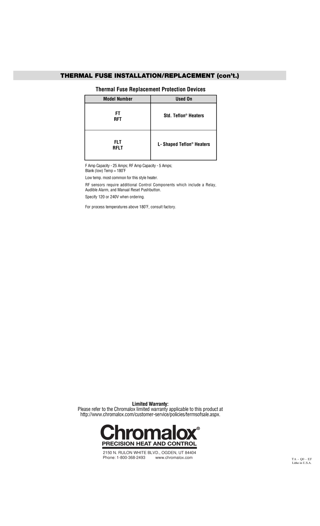 Chromalox PD444-2 installation instructions Thermal Fuse INSTALLATION/REPLACEMENT con’t 