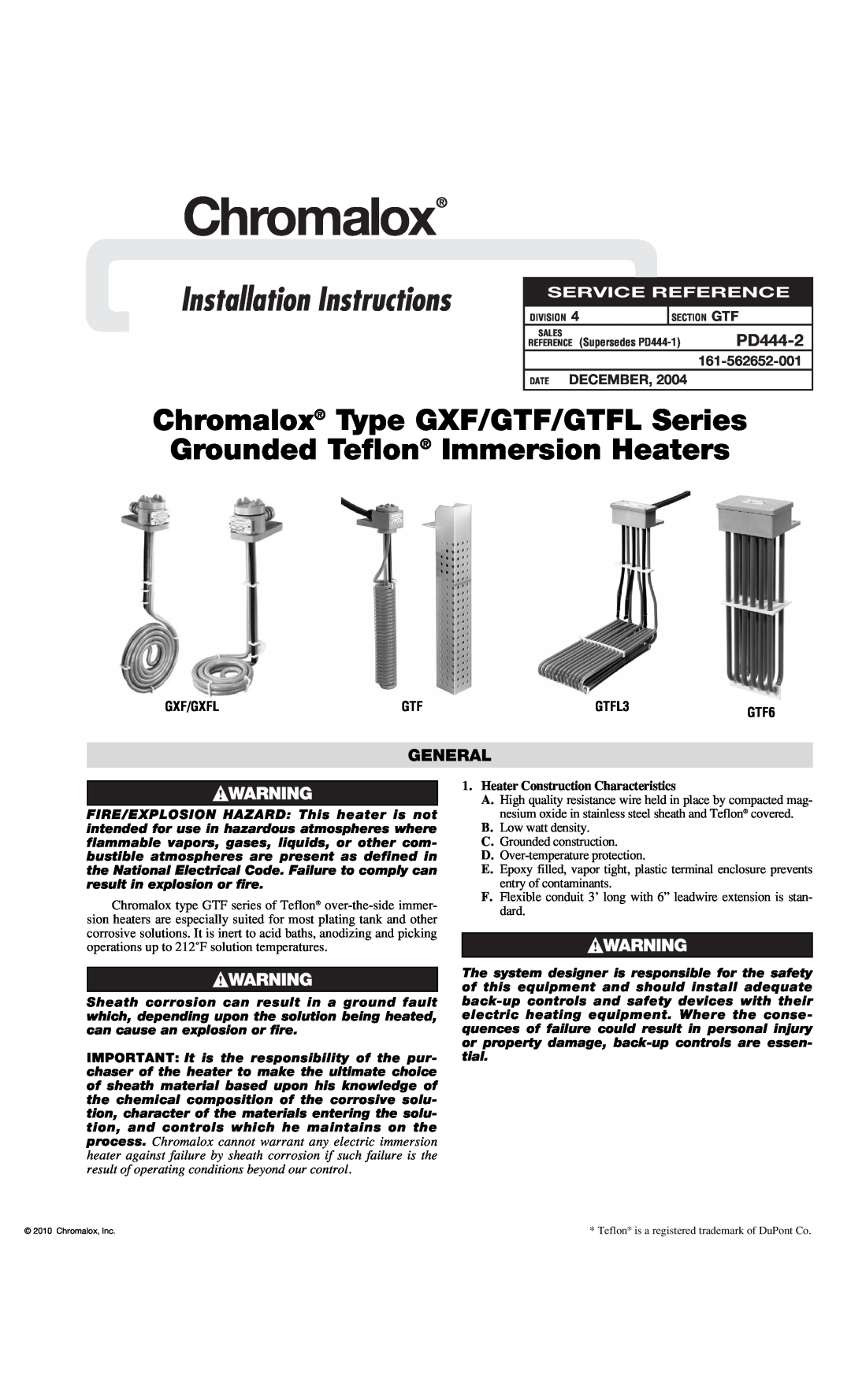 Chromalox PD444-2 installation instructions General, 161-562652-001, Date December, Gxf/Gxfl, GTFL3, Chromalox 