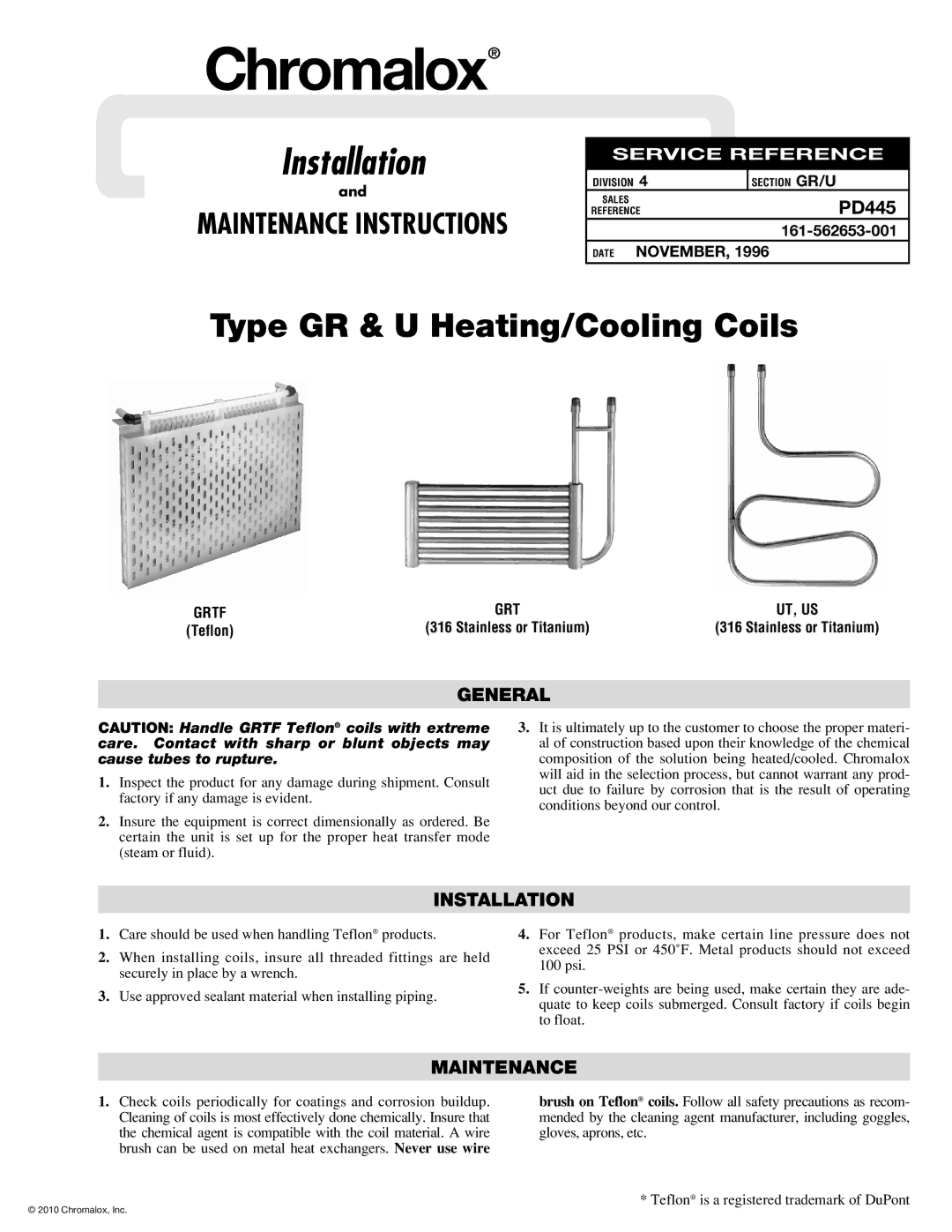 Chromalox PD445 manual Chromalox, Installation, Type GR & U Heating/Cooling Coils 