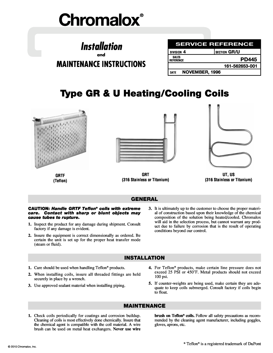 Chromalox PD445 manual 161-562653-001, Date November, Chromalox, Installation, Type GR & U Heating/Cooling Coils, General 