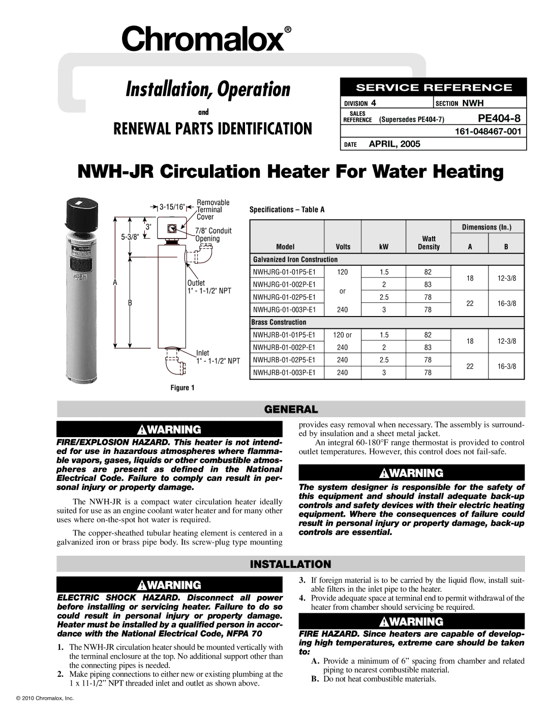 Chromalox PE404-8 dimensions General, Installation, Specifications Table a Dimensions Watt Model, Brass Construction 