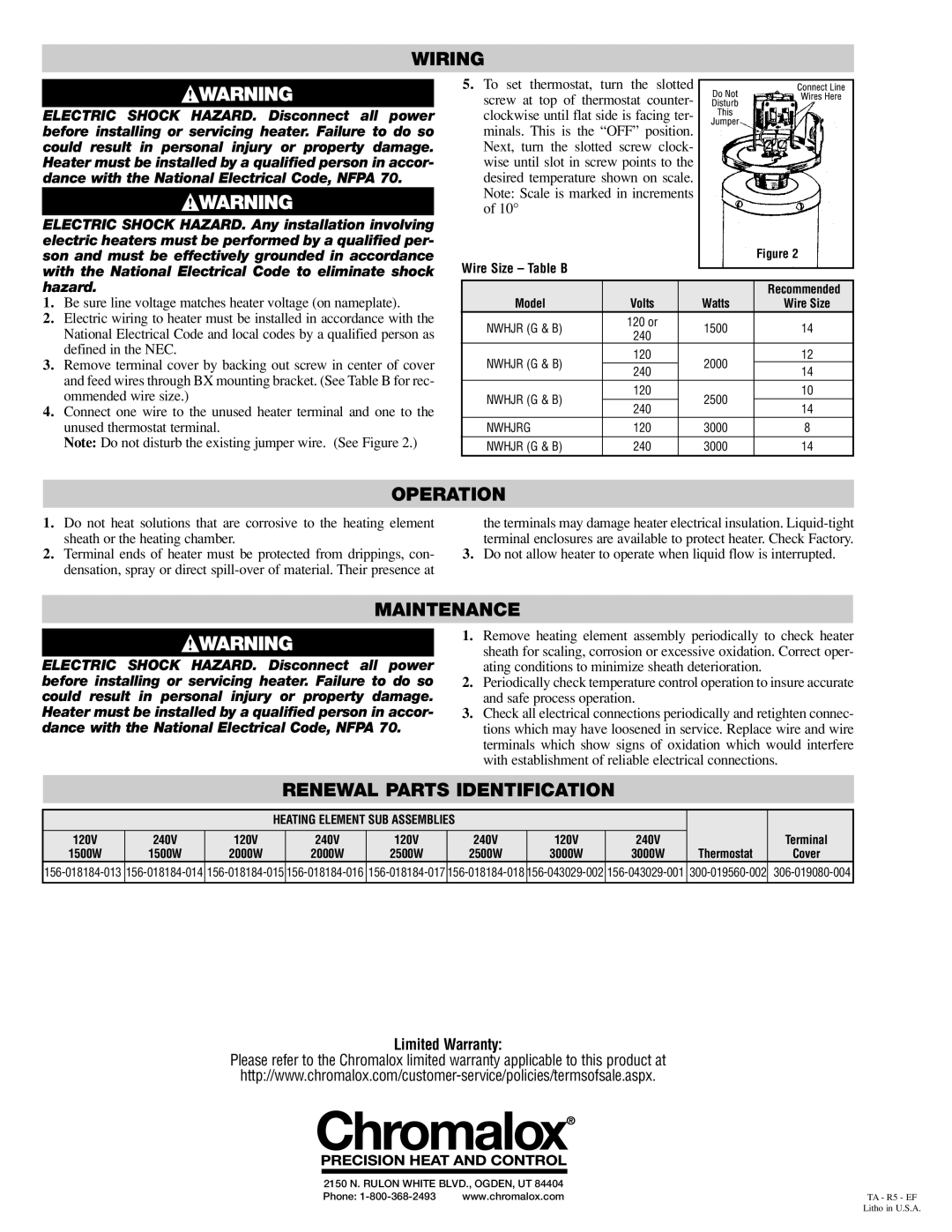 Chromalox PE404-8 dimensions Wiring, Operation, Maintenance, Renewal Parts Identification 