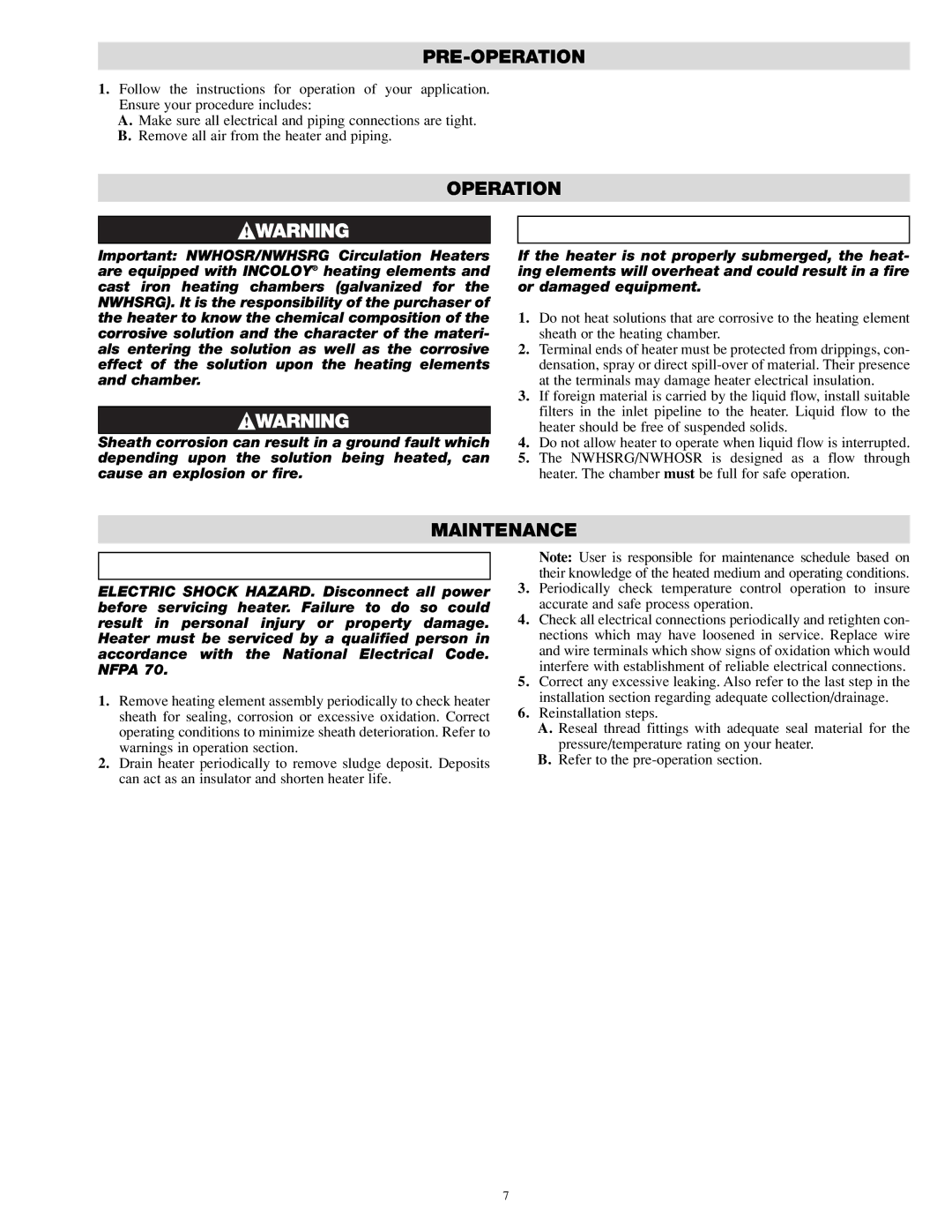 Chromalox PE414-3 specifications Pre-Operation, Maintenance 