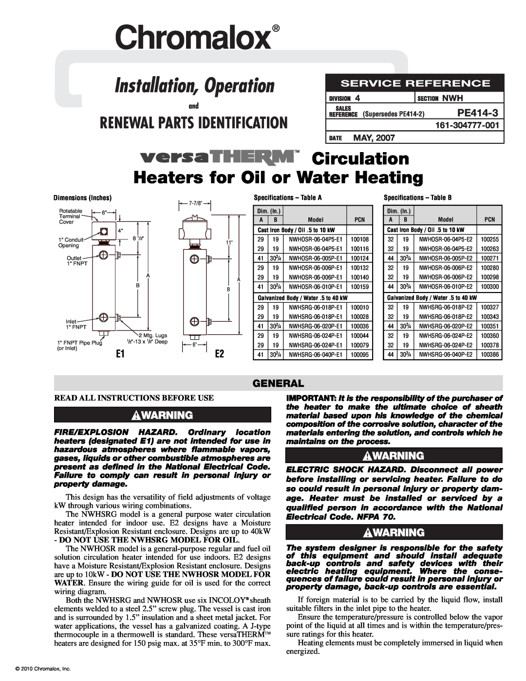 Chromalox PE414-3 specifications General, Read All Instructions Before Use, Do Not Use The Nwhsrg Model For Oil, Chromalox 
